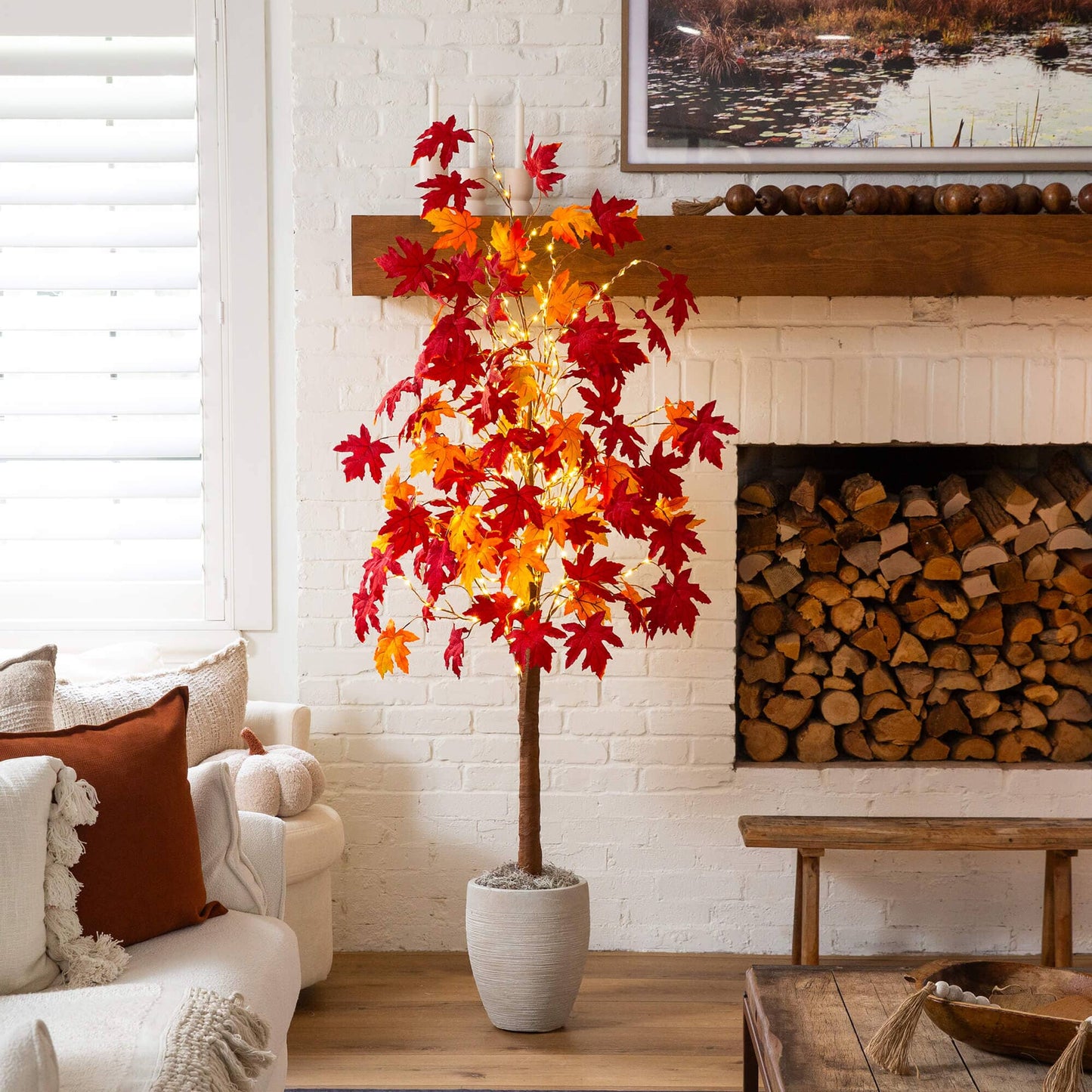 6' Pre-Lit Autumn Weeping Maple Artificial Fall Tree with 300 Warm White LED Lights
