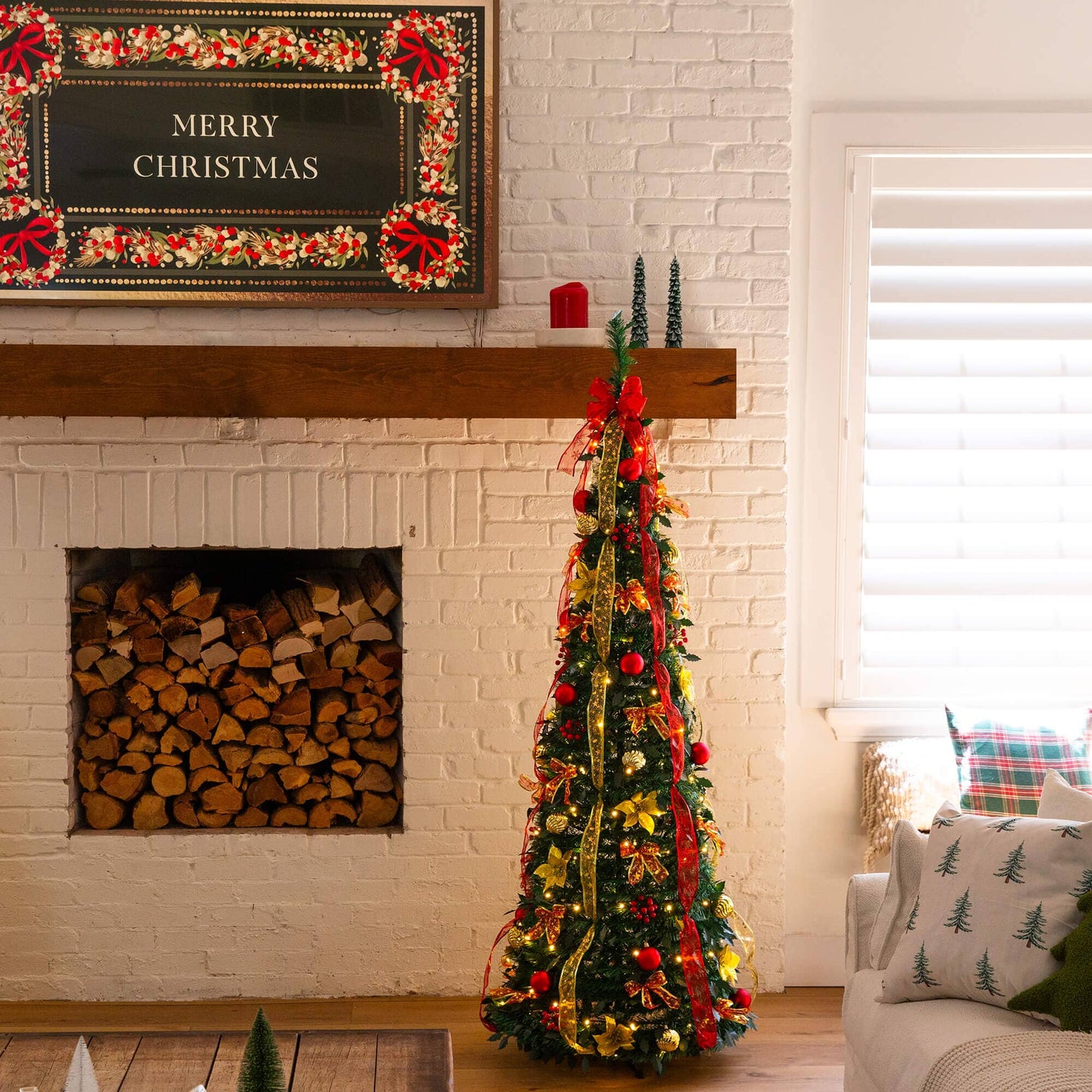 6' Pre-Lit Artificial Pop up Christmas Tree with Red & Gold Ornaments, Ribbons and 150 Warm White LED Lights