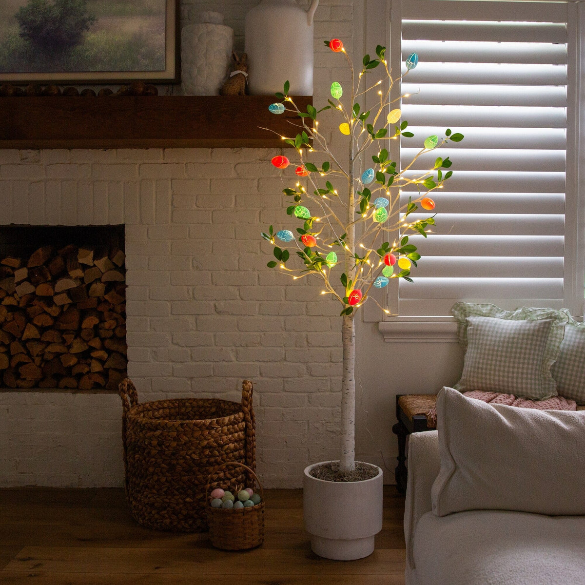 6' Pre-Lit Artificial Blooming Easter Egg Twig Tree with 24 Warm White LED Lights