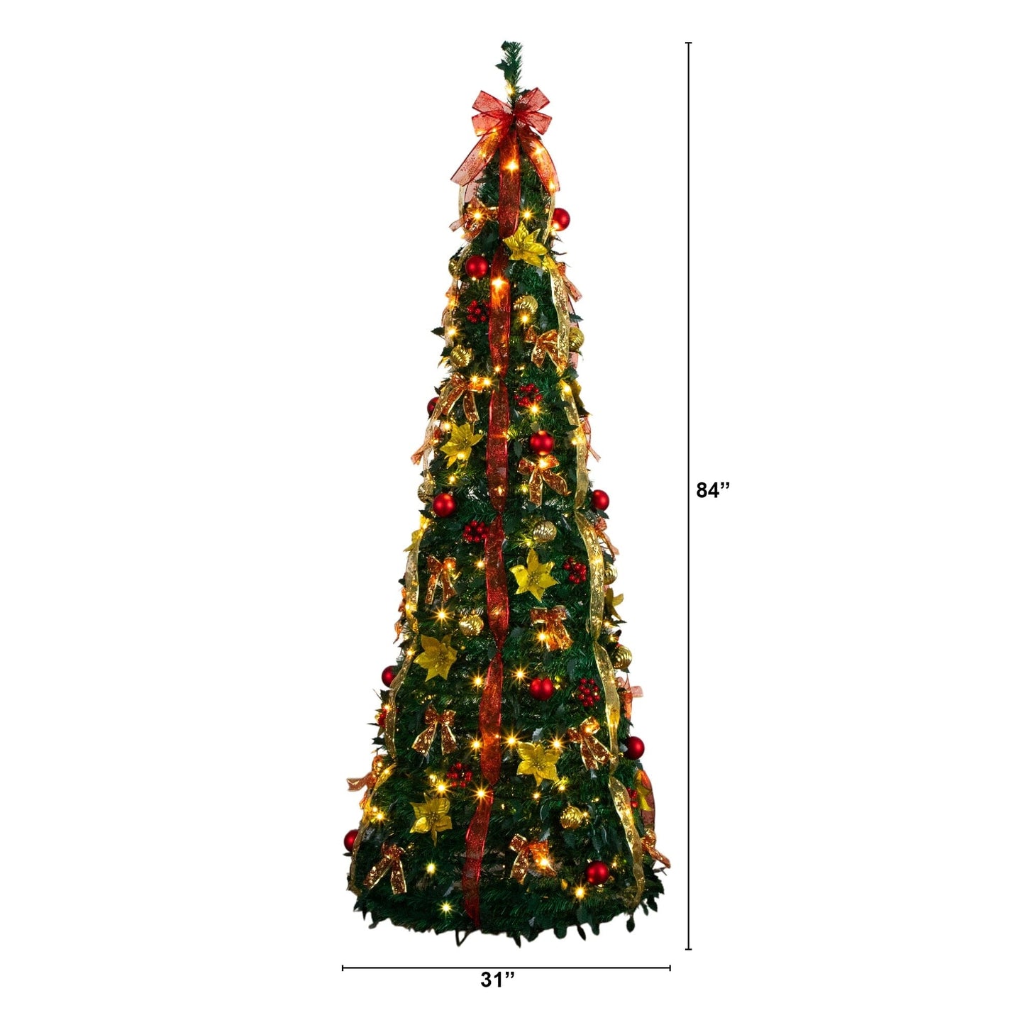 7' Pre-Lit Artificial Pop up Christmas Tree with Red & Gold Ornaments, Ribbons and 180 Warm White LED Lights
