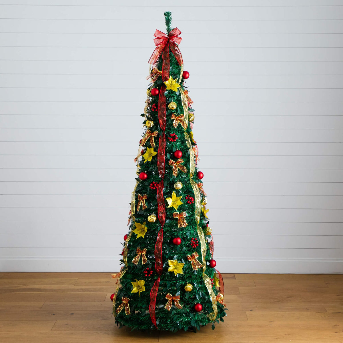 7' Pre-Lit Artificial Pop up Christmas Tree with Red & Gold Ornaments, Ribbons and 180 Warm White LED Lights