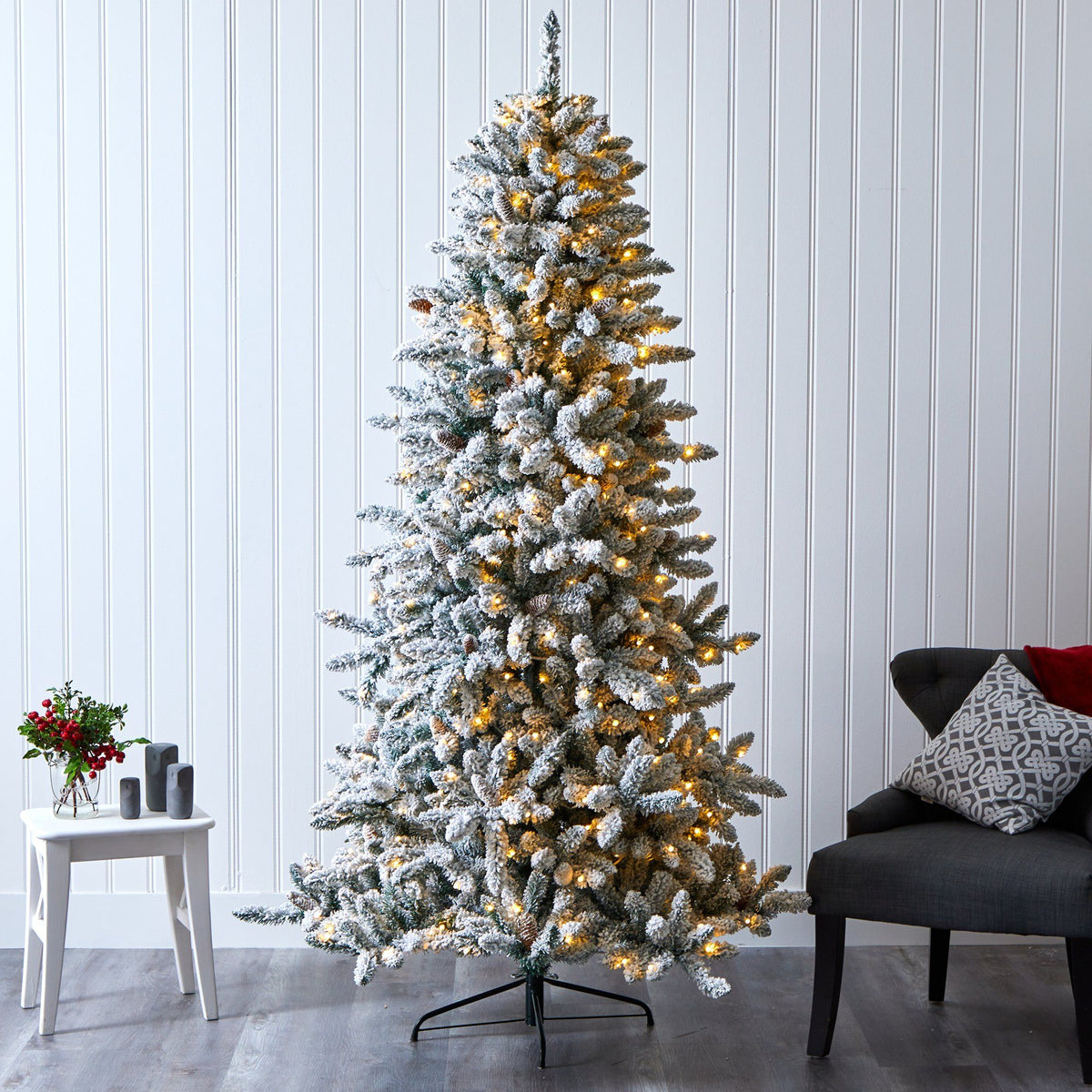 7.5’ Flocked Livingston Fir Artificial Christmas Tree with Pine Cones and 500 Warm LED Lights