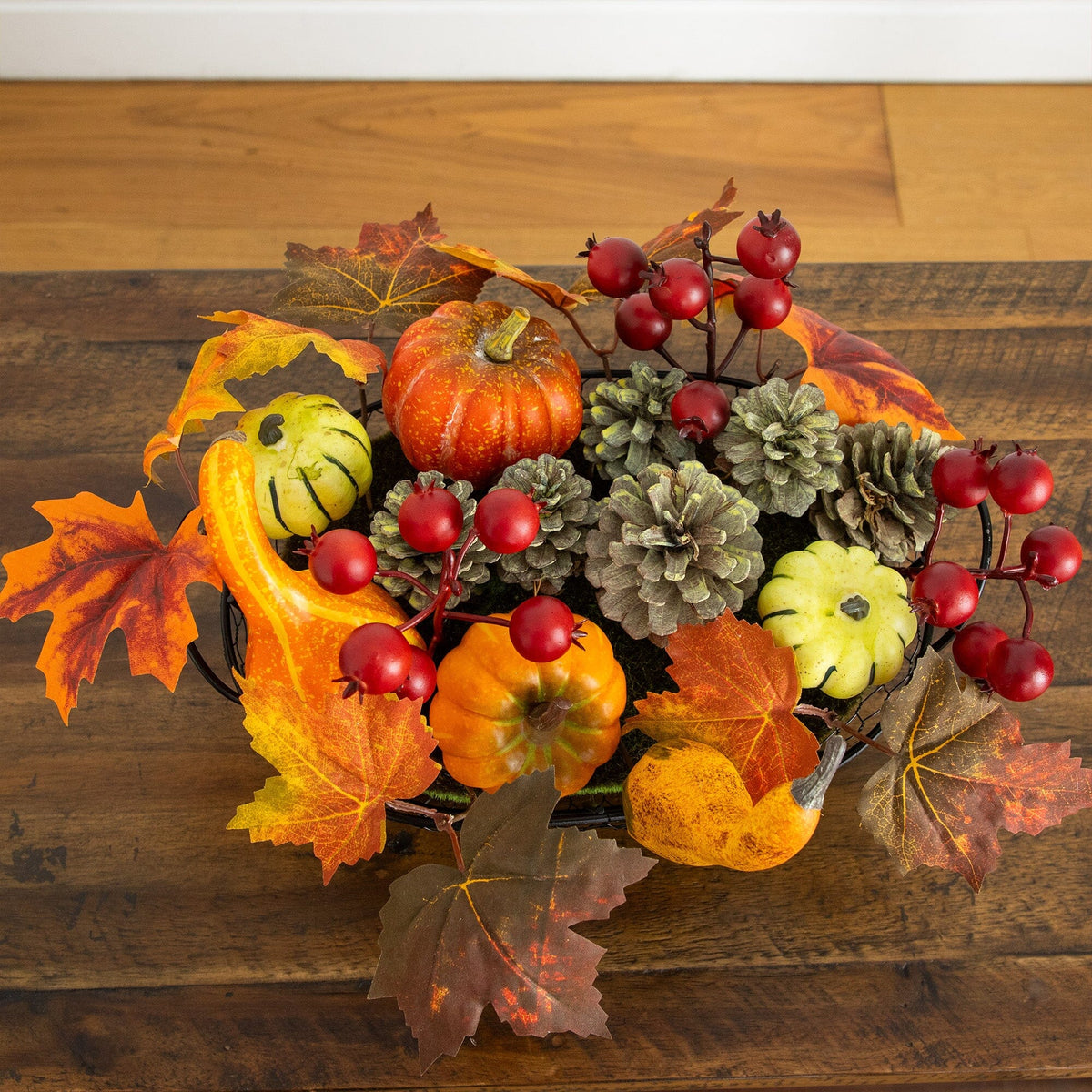 9" Autumn Artificial Pumpkin, Gourd, Berry and Maple Fall Arrangement