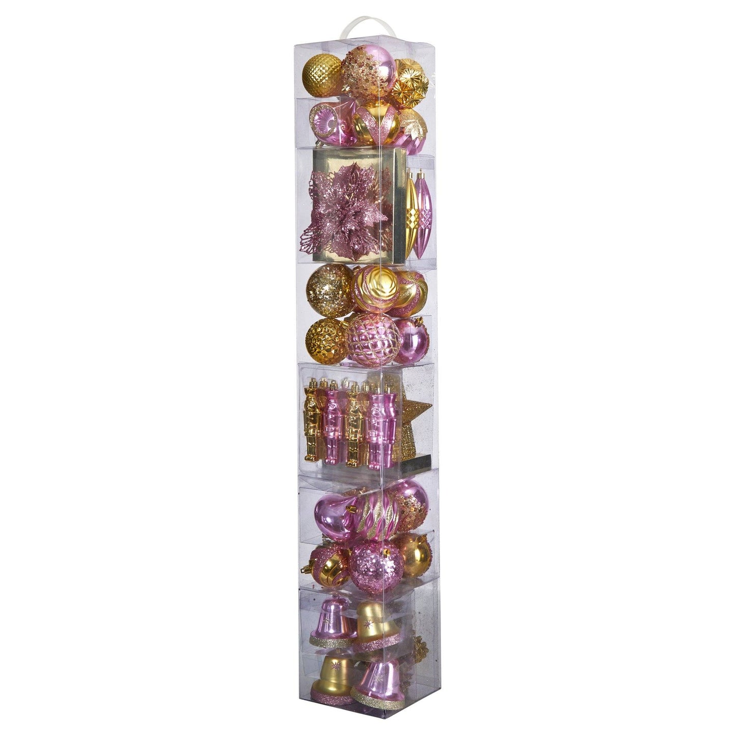 70 Pink and Gold Shatterproof Christmas Tree Ornament Set with Re-Useable Container