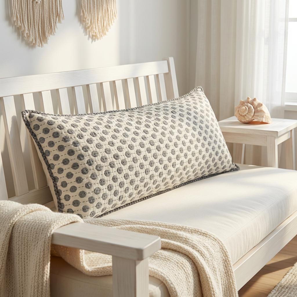 Artisan Hand Loomed Cotton Lumbar Pillow - Gray Dots - 16"x48" Arcadia Home