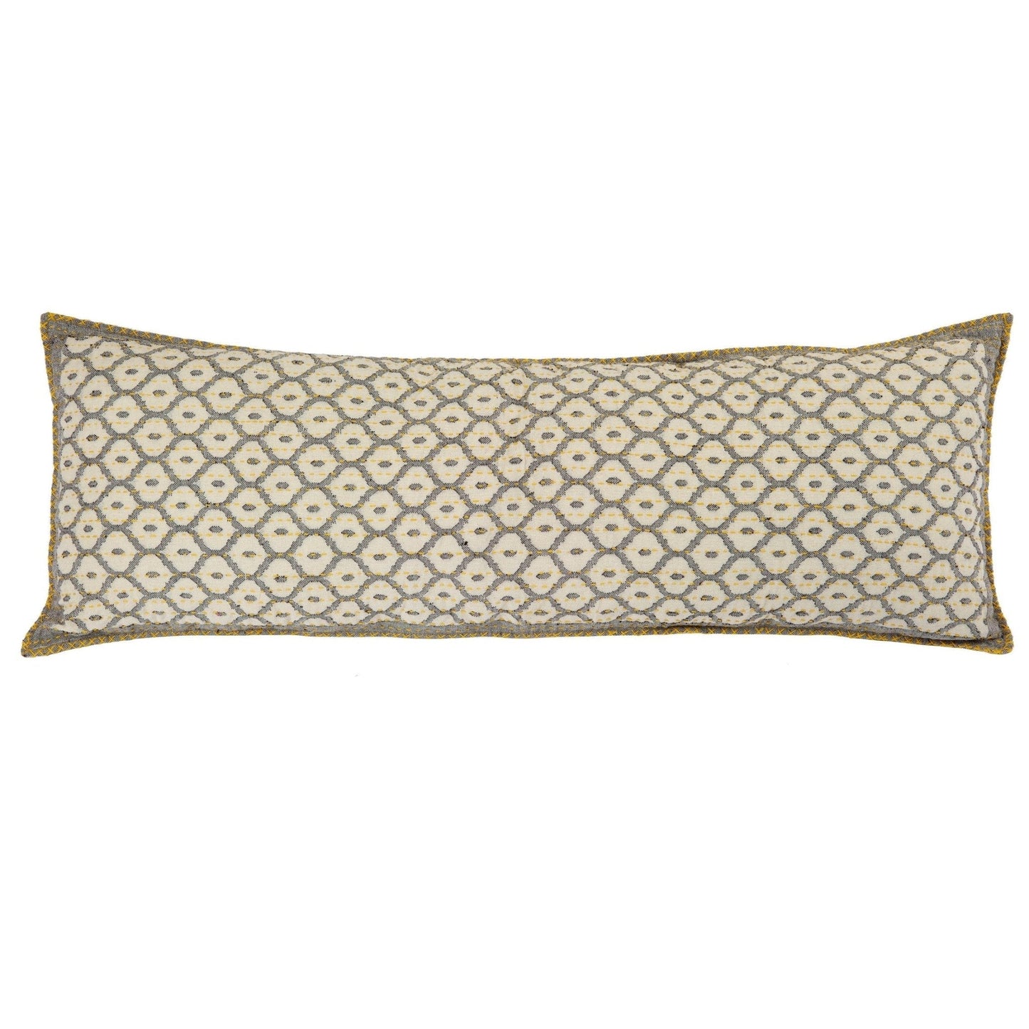 Artisan Hand Loomed Cotton Lumbar Pillow - Gray Yellow Stitching - 16"x48" Arcadia Home