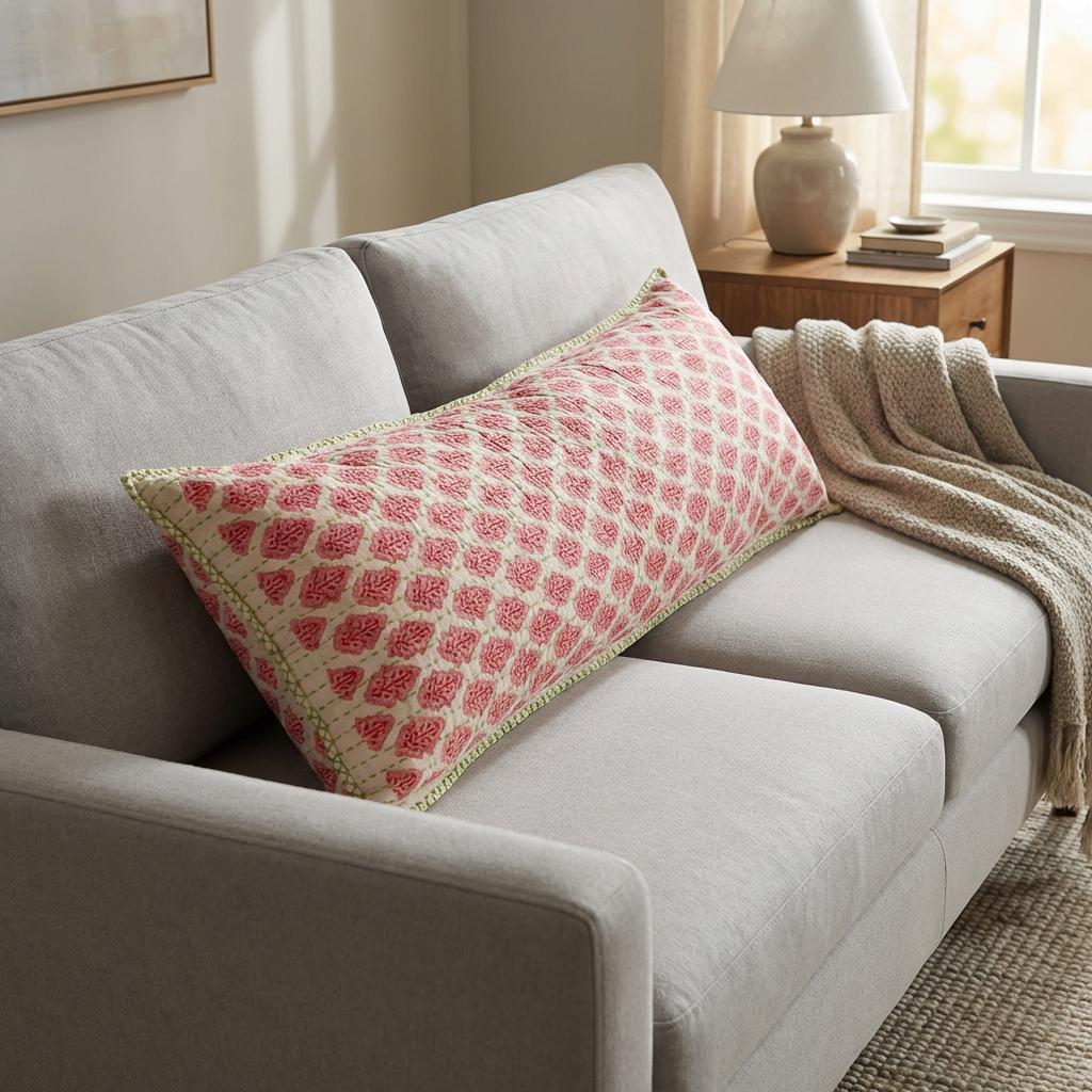 Artisan Hand Loomed Cotton Lumbar Pillow - Red Green Stitching - 16"x48" Arcadia Home