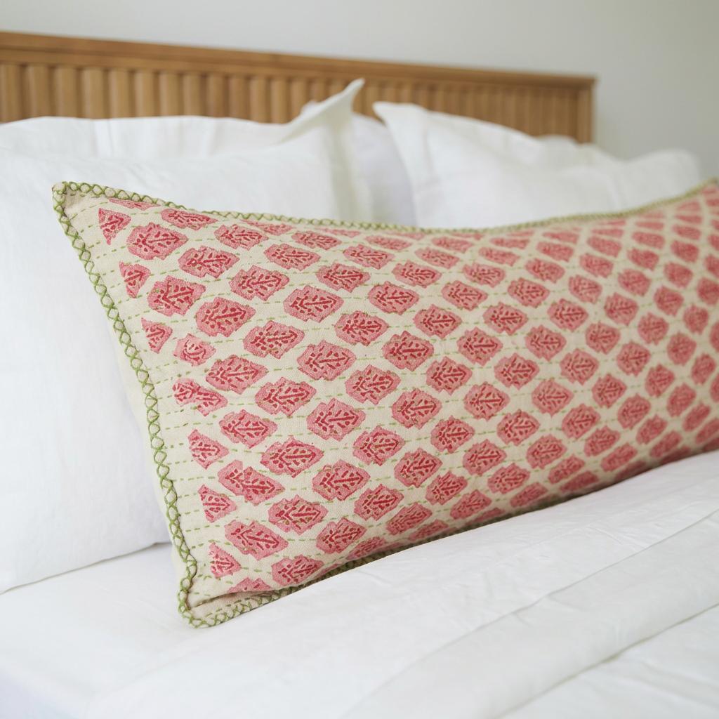 Artisan Hand Loomed Cotton Lumbar Pillow - Red Green Stitching - 16"x48" Arcadia Home