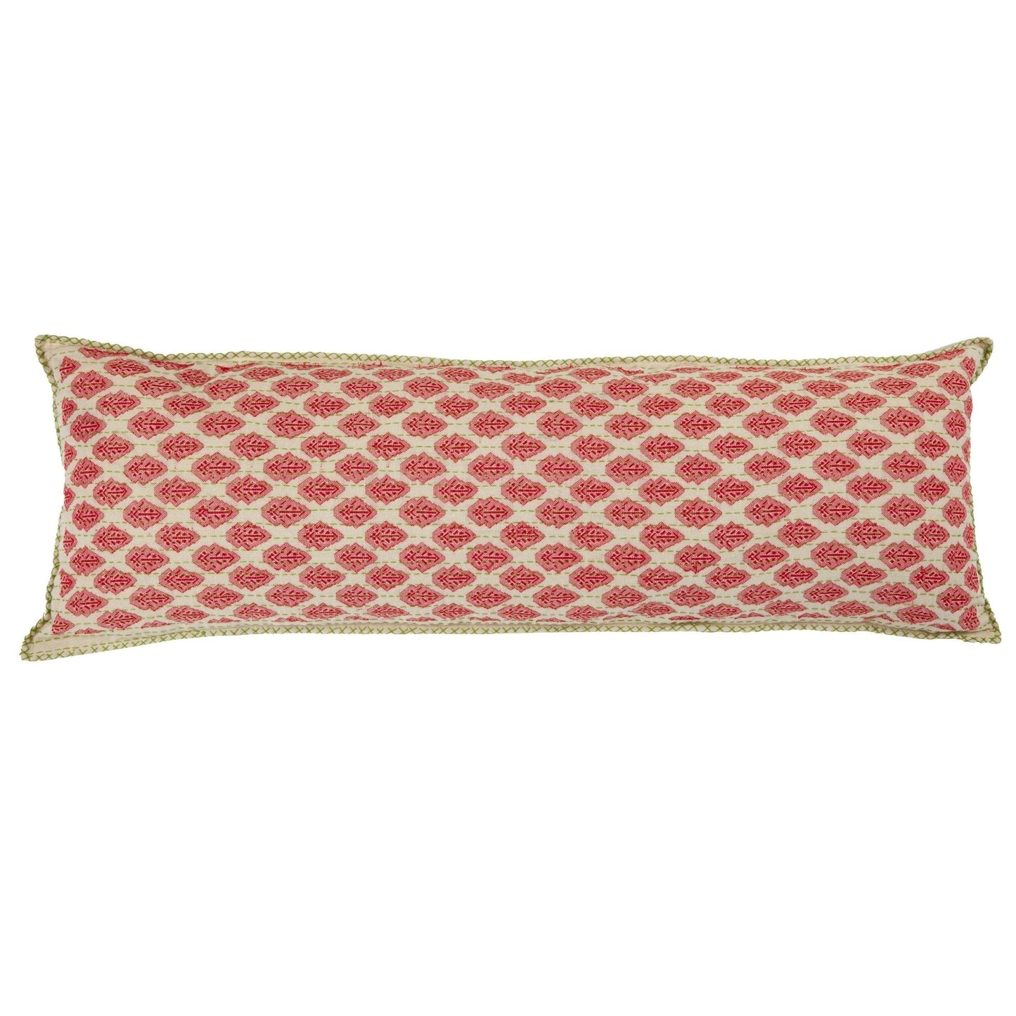 Artisan Hand Loomed Cotton Lumbar Pillow - Red Green Stitching - 16"x48" Arcadia Home