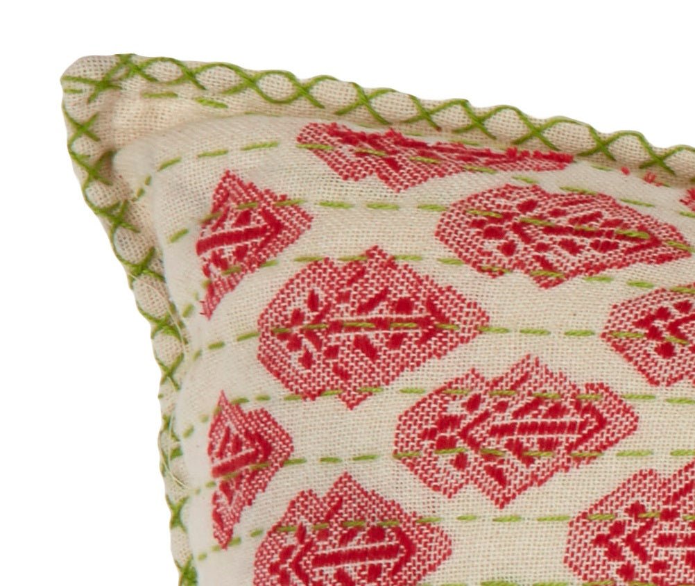 Artisan Hand Loomed Cotton Lumbar Pillow - Red Green Stitching - 16"x48" Arcadia Home