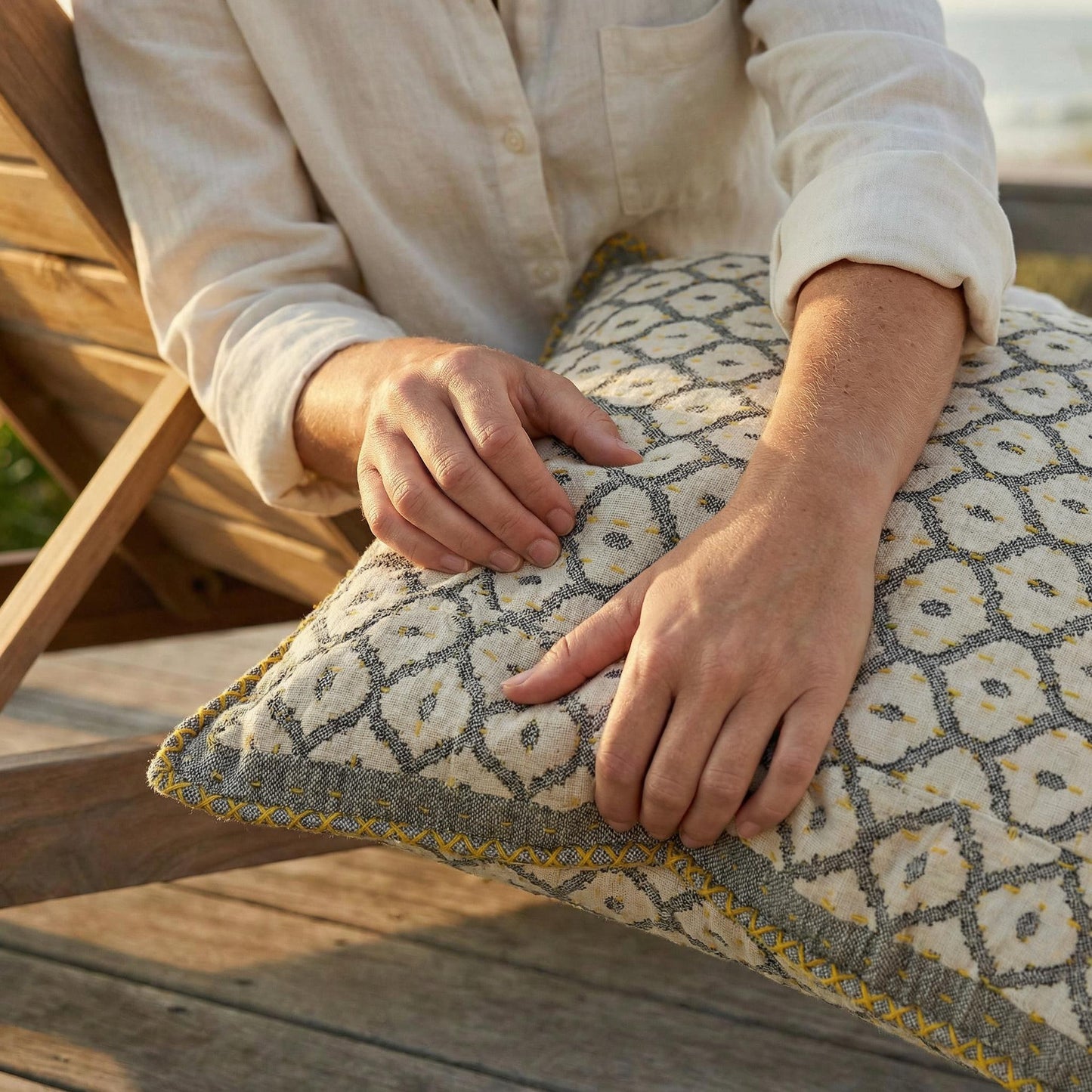 Artisan Hand Loomed Cotton Square Pillow - Gray Yellow Stitching - 24" Arcadia Home