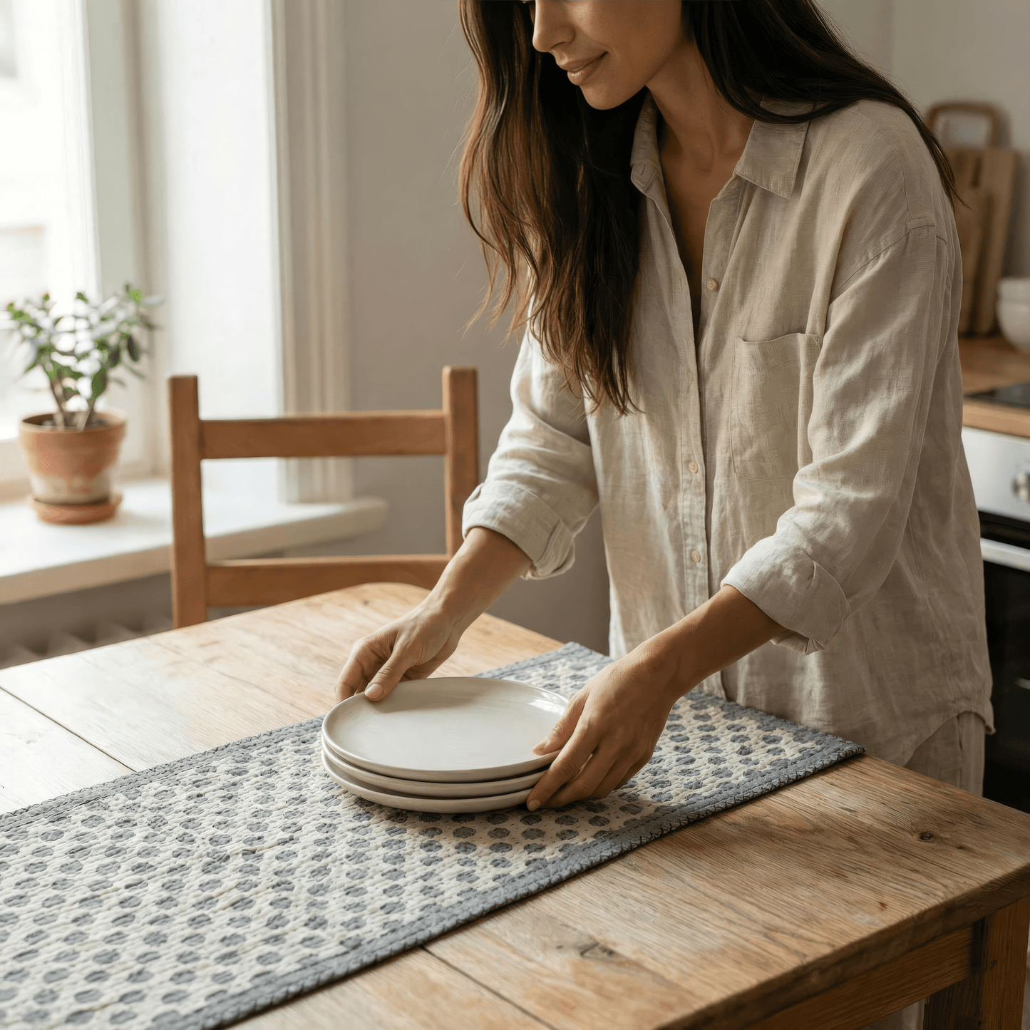 Artisan Hand Loomed Cotton Table Runner - Gray Dots - 18"x96" Arcadia Home