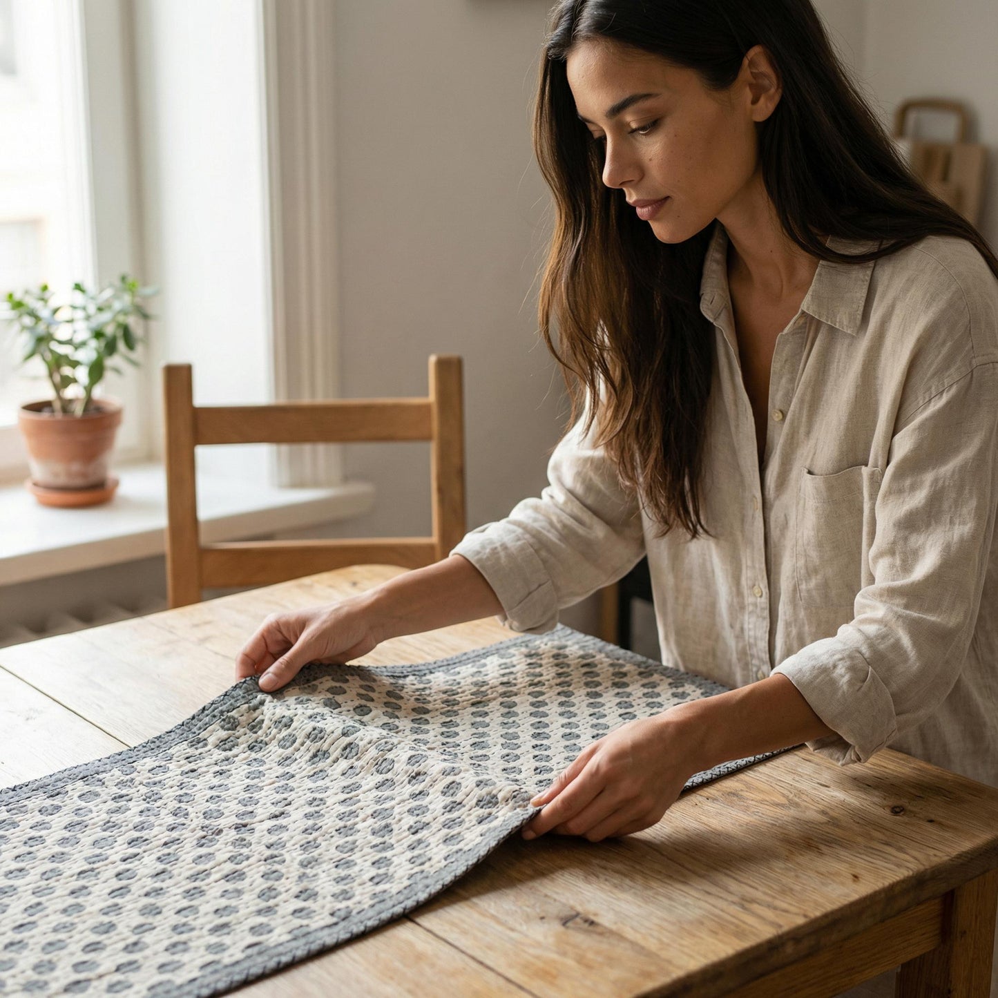 Artisan Hand Loomed Cotton Table Runner - Gray Dots - 18"x96" Arcadia Home