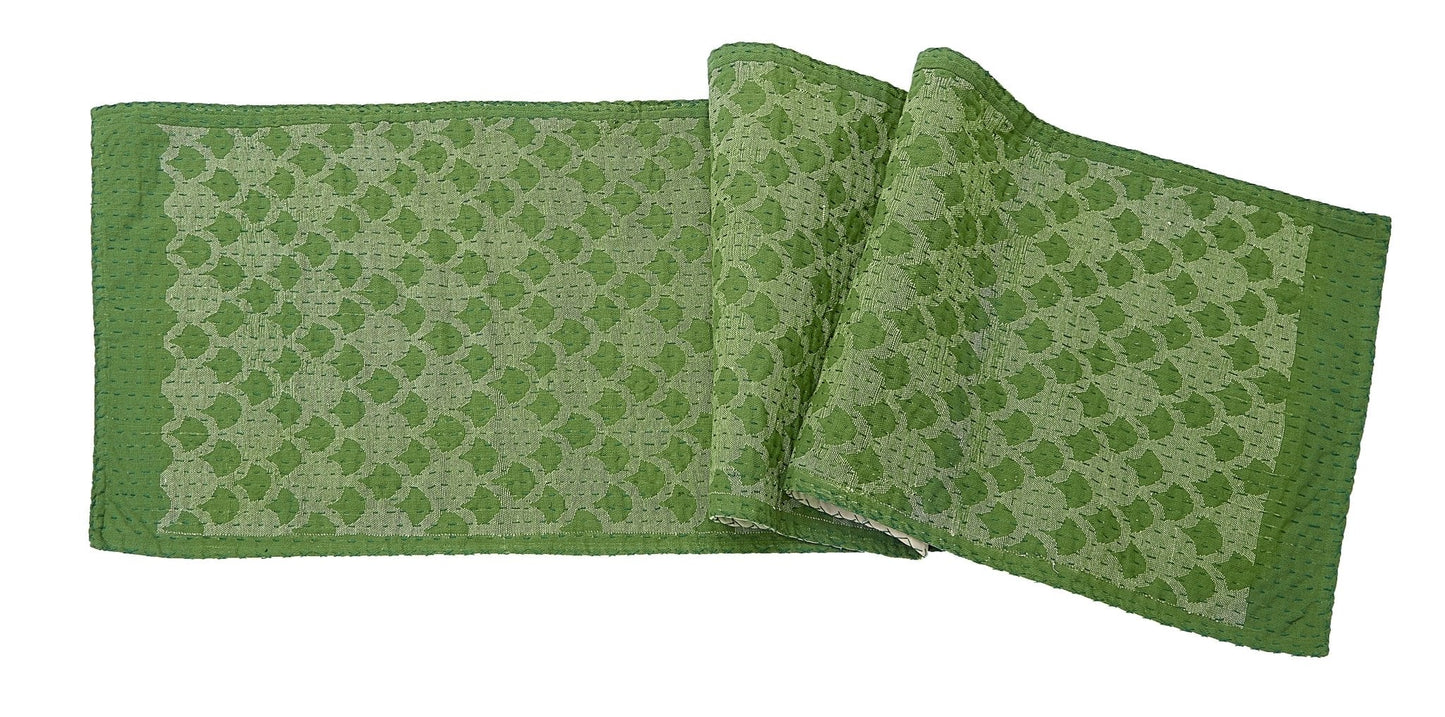Artisan Hand Loomed Cotton Table Runner - Green Ginkgo - 18"x96" Arcadia Home