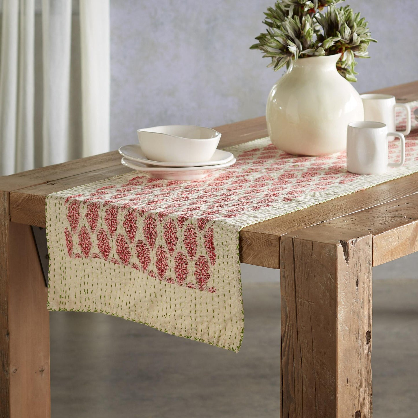 Artisan Hand Loomed Cotton Table Runner - Red Green Stitching - 18"x96" Arcadia Home