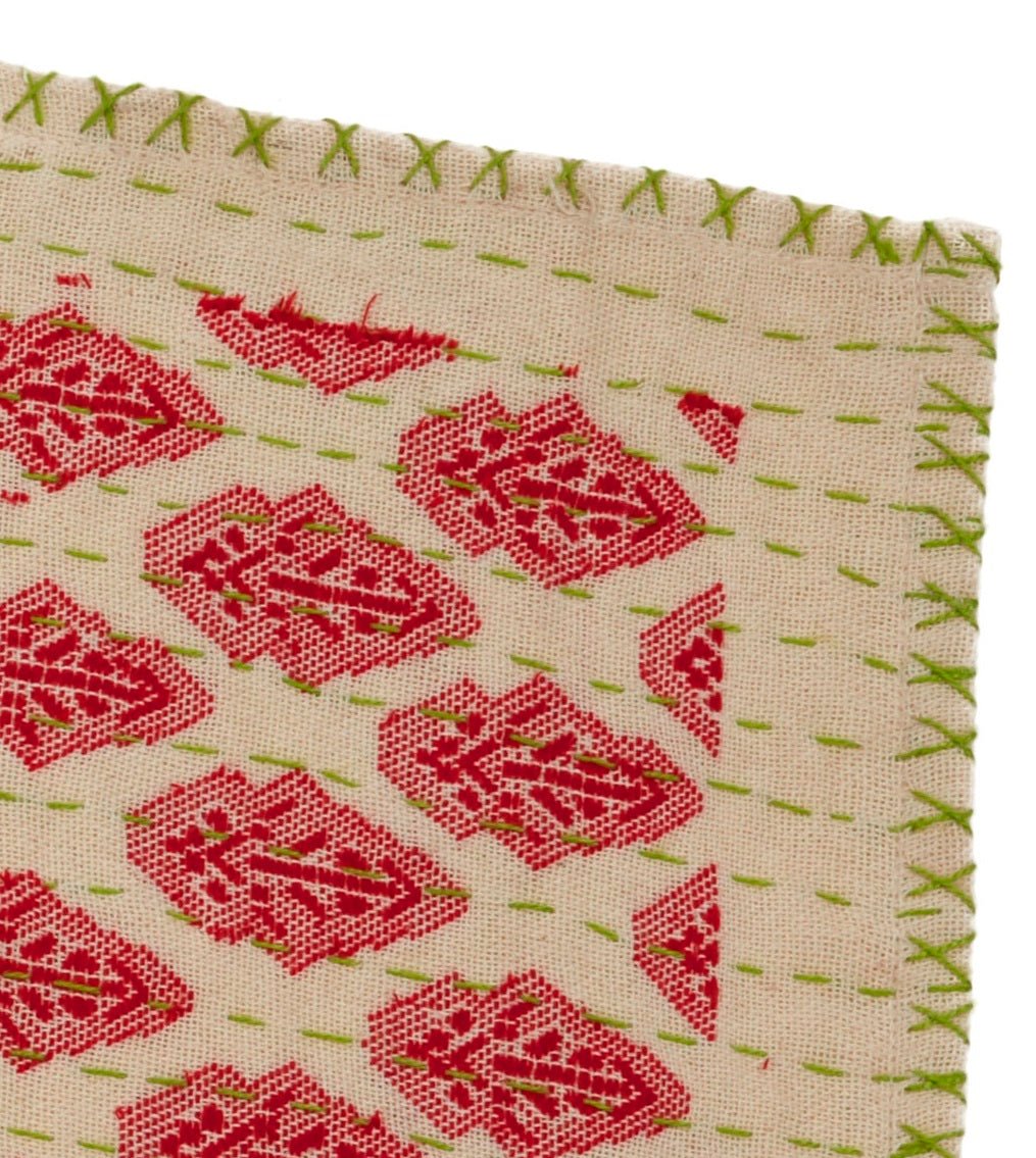 Artisan Hand Loomed Cotton Table Runner - Red Green Stitching - 18"x96" Arcadia Home