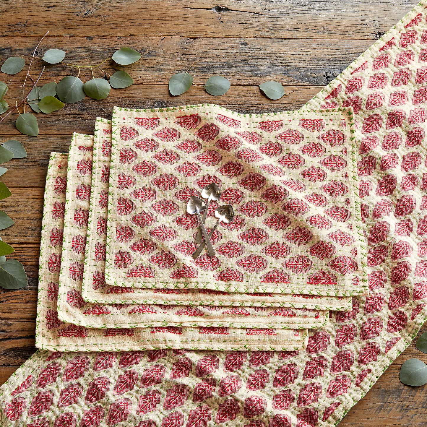 Artisan Hand Loomed Cotton Table Runner - Red Green Stitching - 18"x96" Arcadia Home