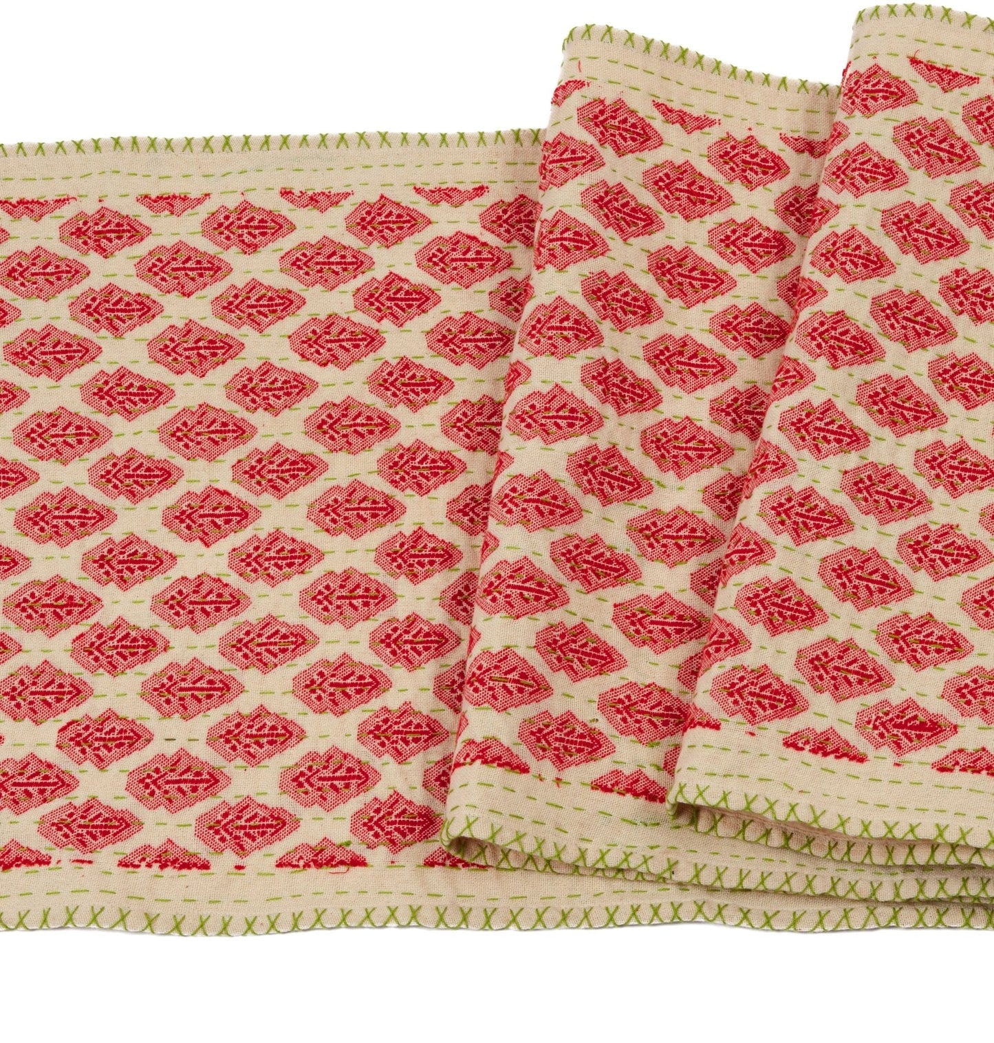 Artisan Hand Loomed Cotton Table Runner - Red Green Stitching - 18"x96" Arcadia Home