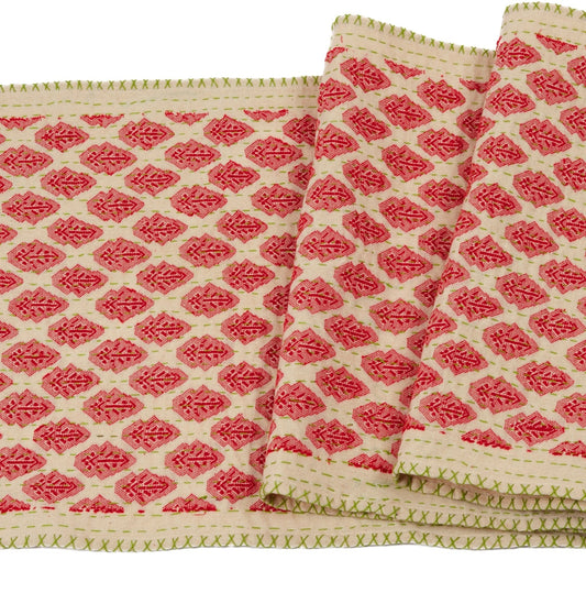 Artisan Hand Loomed Cotton Table Runner - Red Green Stitching - 18"x96" Arcadia Home