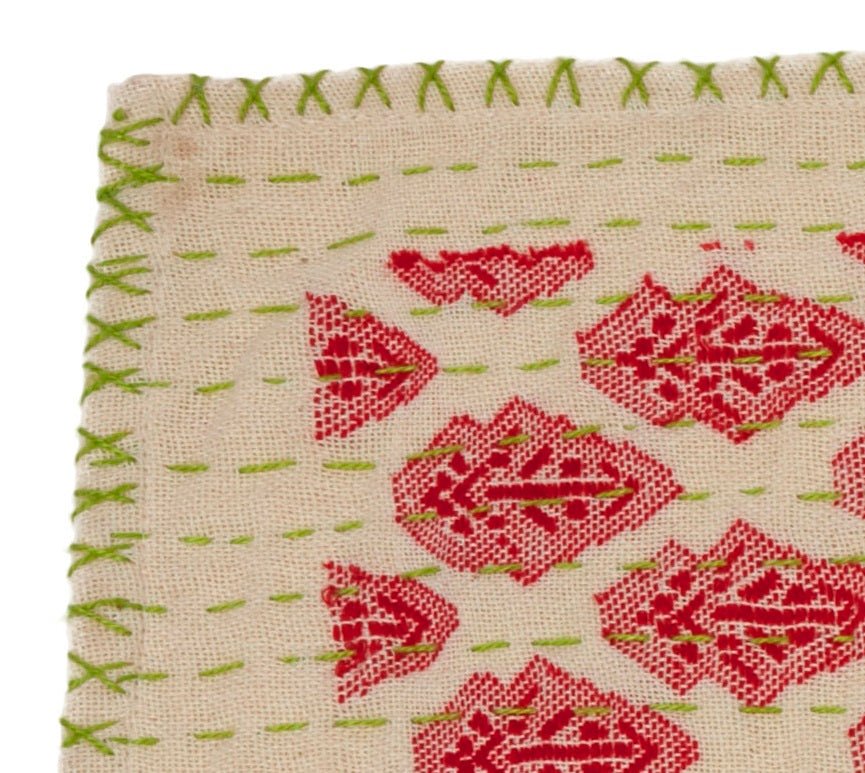 Artisan Hand Loomed Cotton Table Runner - Red Green Stitching - 18"x96" Arcadia Home