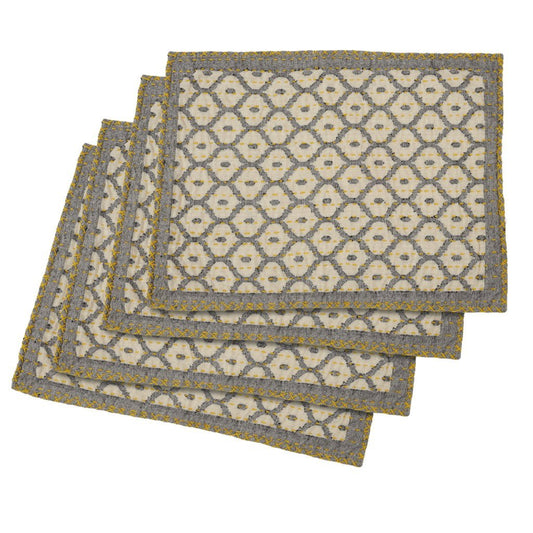 Artisan Hand Loomed Placemat - Gray Yellow Stitching - 14" x 19"- Set of 4 Arcadia Home