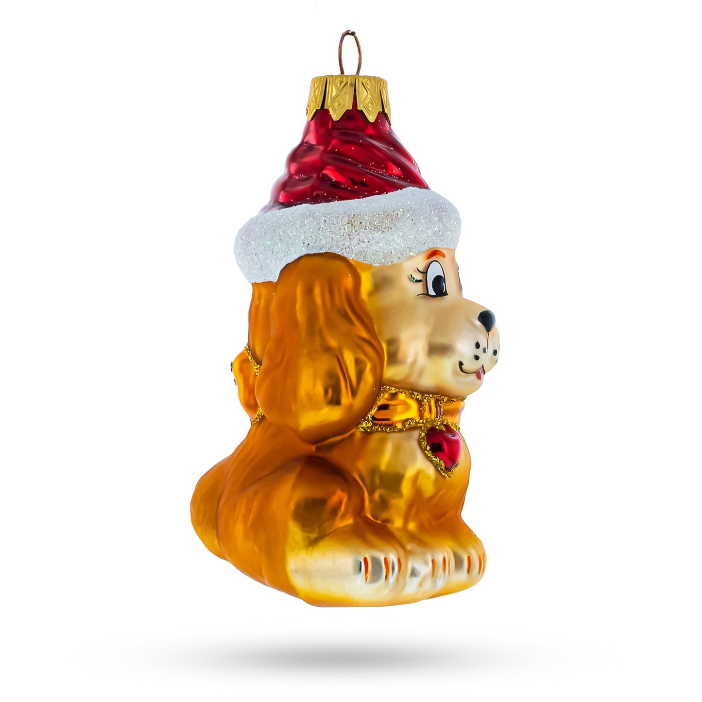 Golden Puppy in Red Santa Hat Glass Christmas Ornament