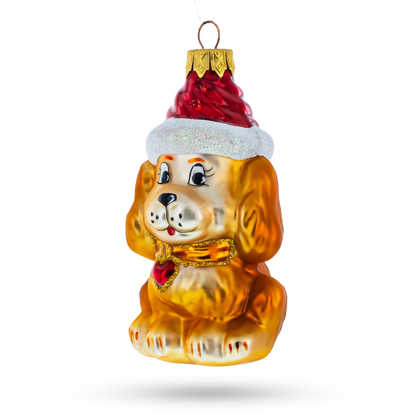 Golden Puppy in Red Santa Hat Glass Christmas Ornament