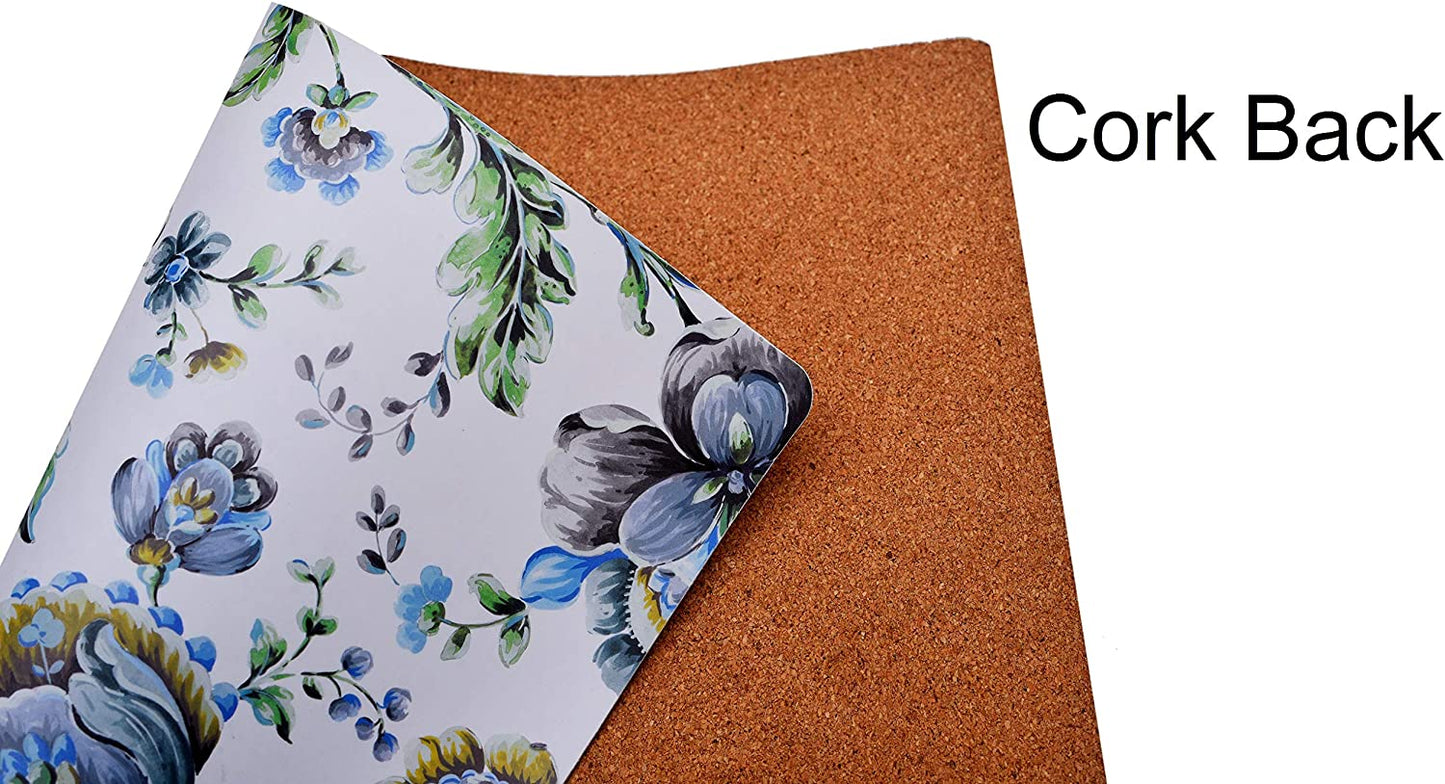 Floral Cork Placemats - Cork Backed, Heat Resistant 12 x 17 Inch Mats for Indoor Outdoor