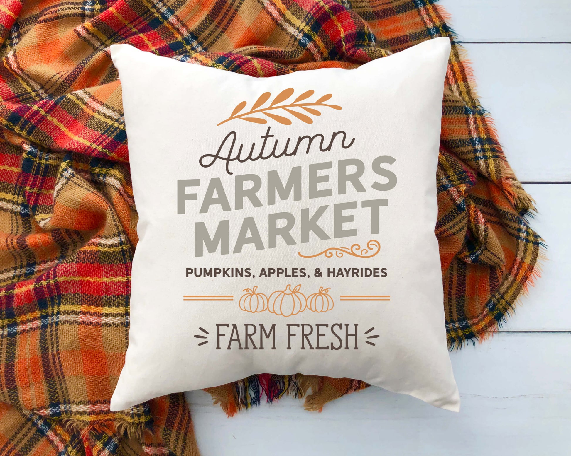 Autumn Farmers Market Pillow Cover 18x18 inch featuring pumpkins, apples, and hayrides design, perfect for cozy fall decor.