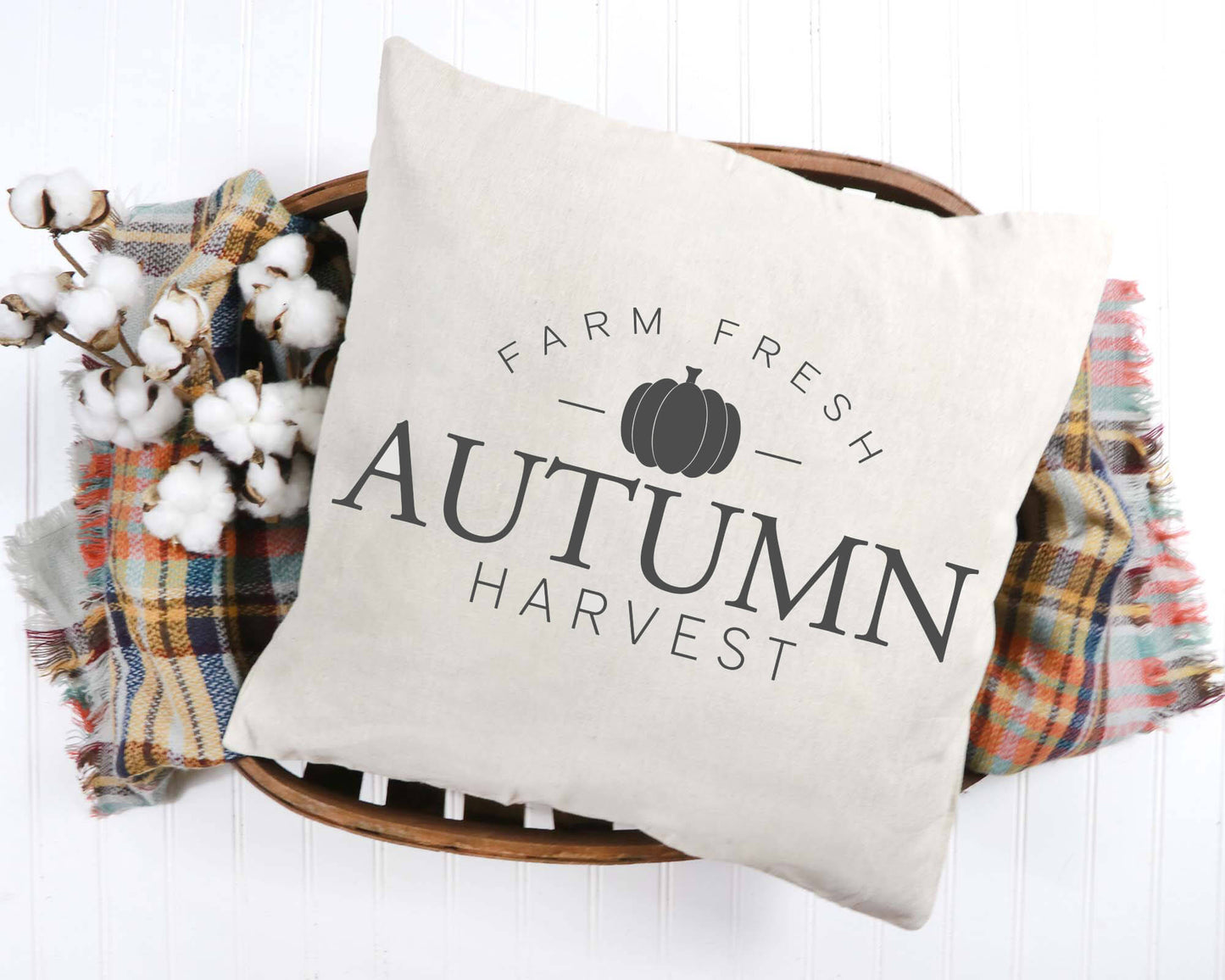 Autumn Harvest Pillow Cover 18x18 inch featuring a pumpkin design and cozy cotton background, perfect for fall decor.