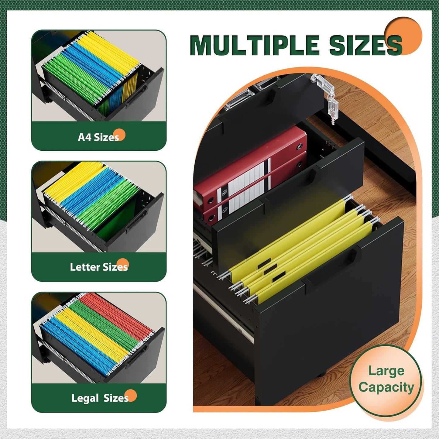 3 Drawer Mobile File Cabinet With Lock In Black Metal Under Desk Organizer For Letters Legal A4