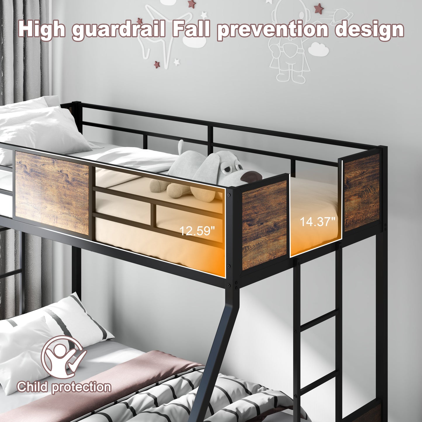 Twin Over Full Bunk Beds, Metal Bunk Bed Frame with Safety Guardrail and 2 Ladder for Kids,Sturdy Metal Frame and Protective Board Supports, No Box Spring Needed, Easy Assembly