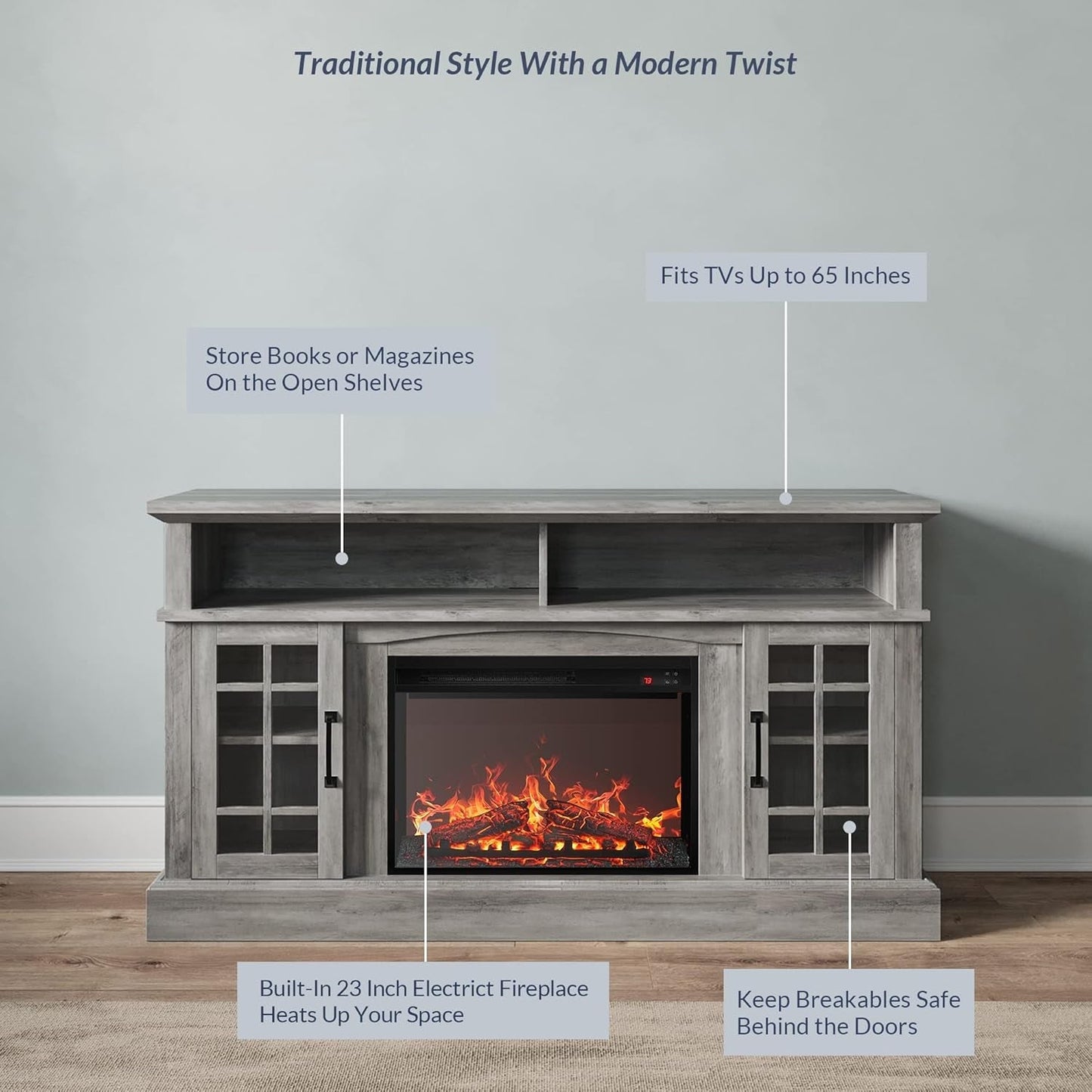 58 Inch Rustic TV Stand With Electric Fireplace And Storage