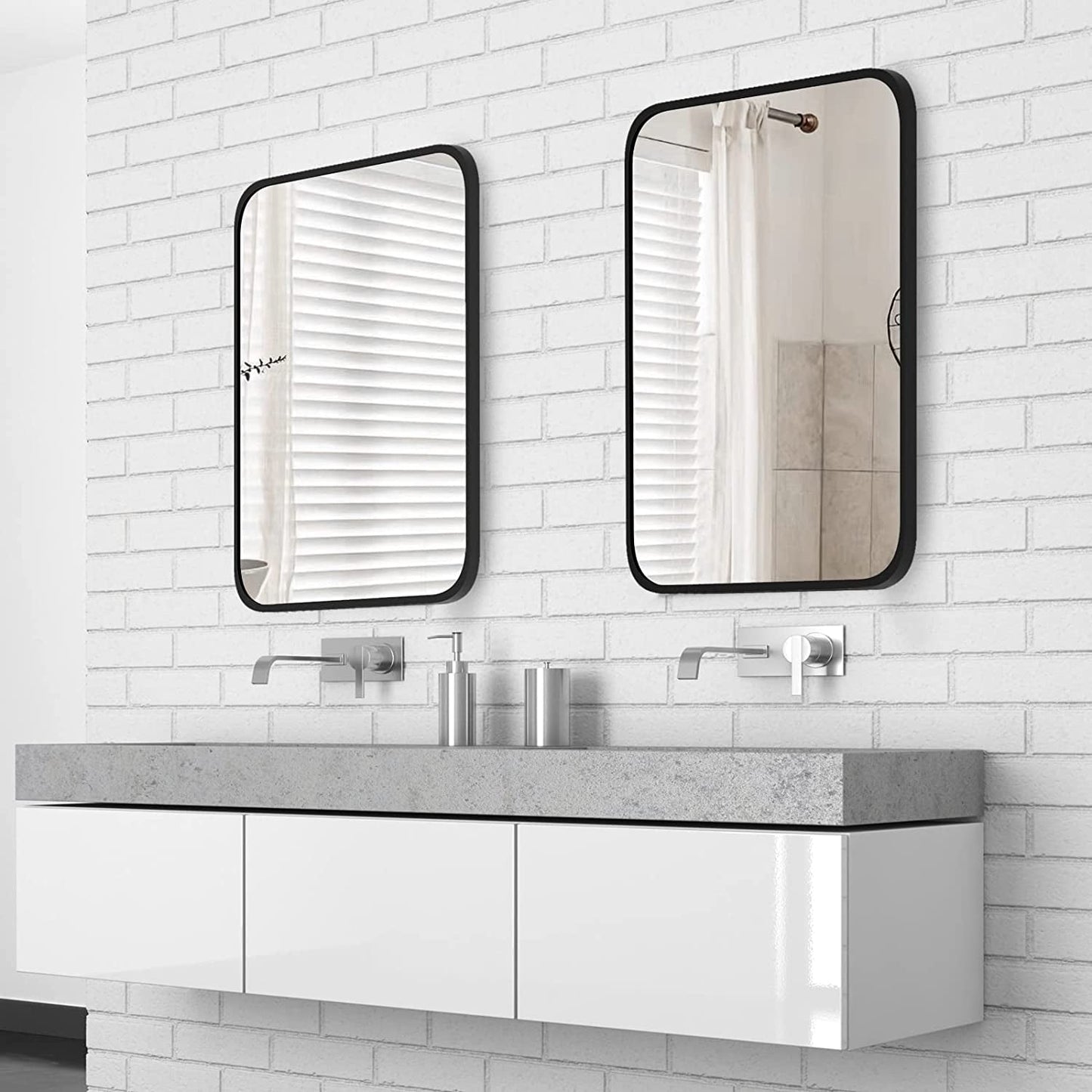 Black Metal Framed Bathroom Wall Mirror With Thin Frame mounted above a modern sink vanity in a stylish bathroom.