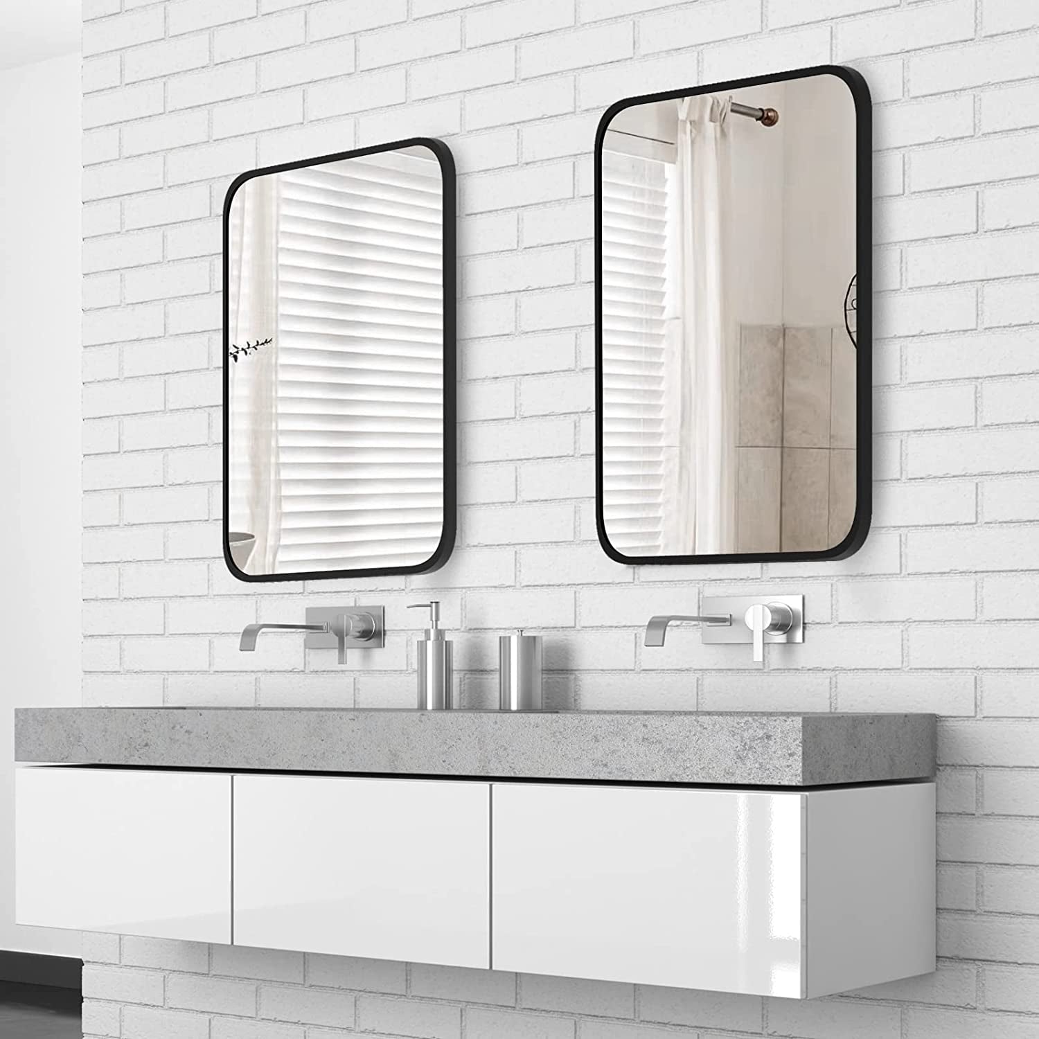 Black Metal Framed Bathroom Wall Mirror With Thin Frame mounted above a modern sink vanity in a stylish bathroom.