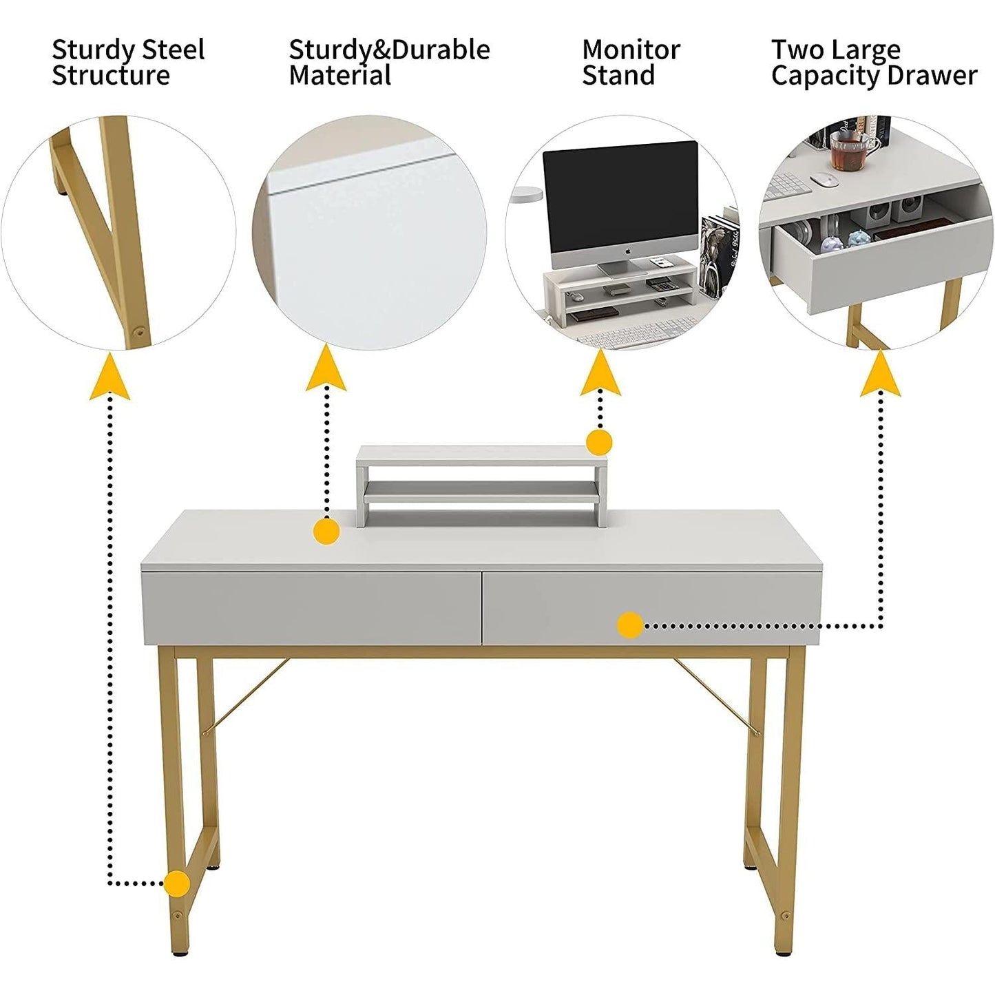 White Home Office Desk With Drawer And Monitor Stand