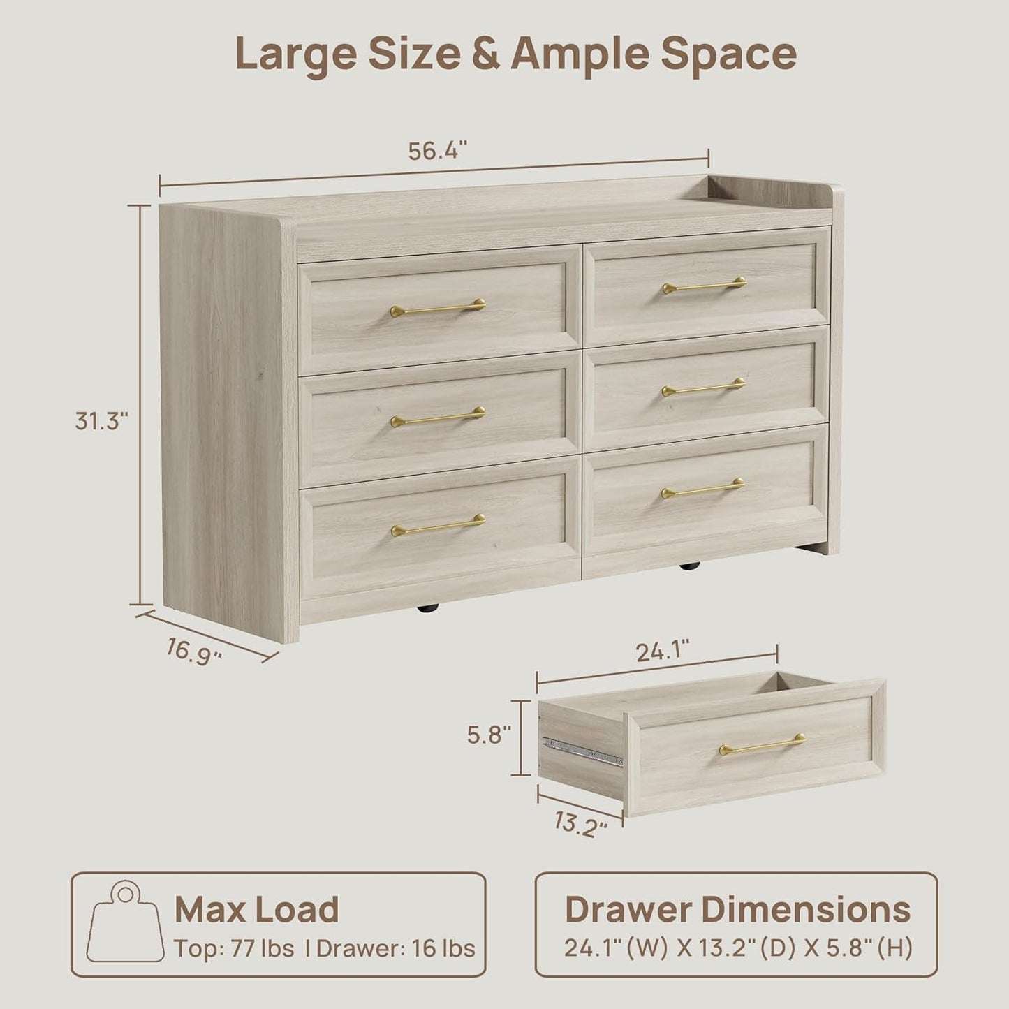 56InchExtraWideGreyOakDresser With LargeStorage Drawers