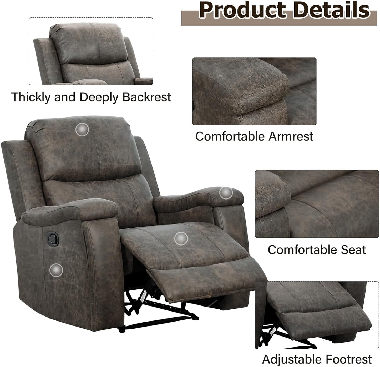 Grey Leather Recliner Chair With Cup Holders Living Room