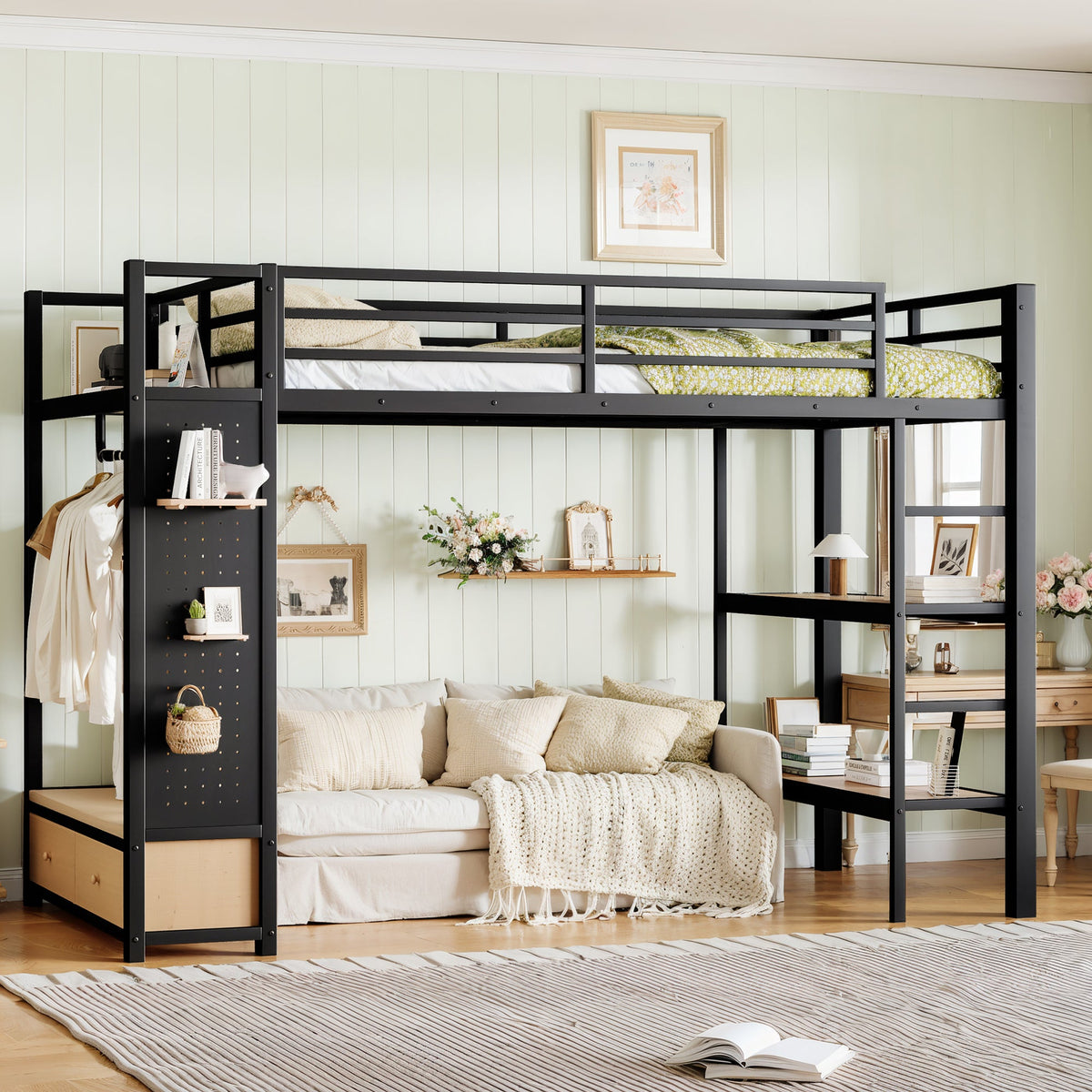 Twin XL Loft Bed Frame with Wardrobe, Metal Loft Bed