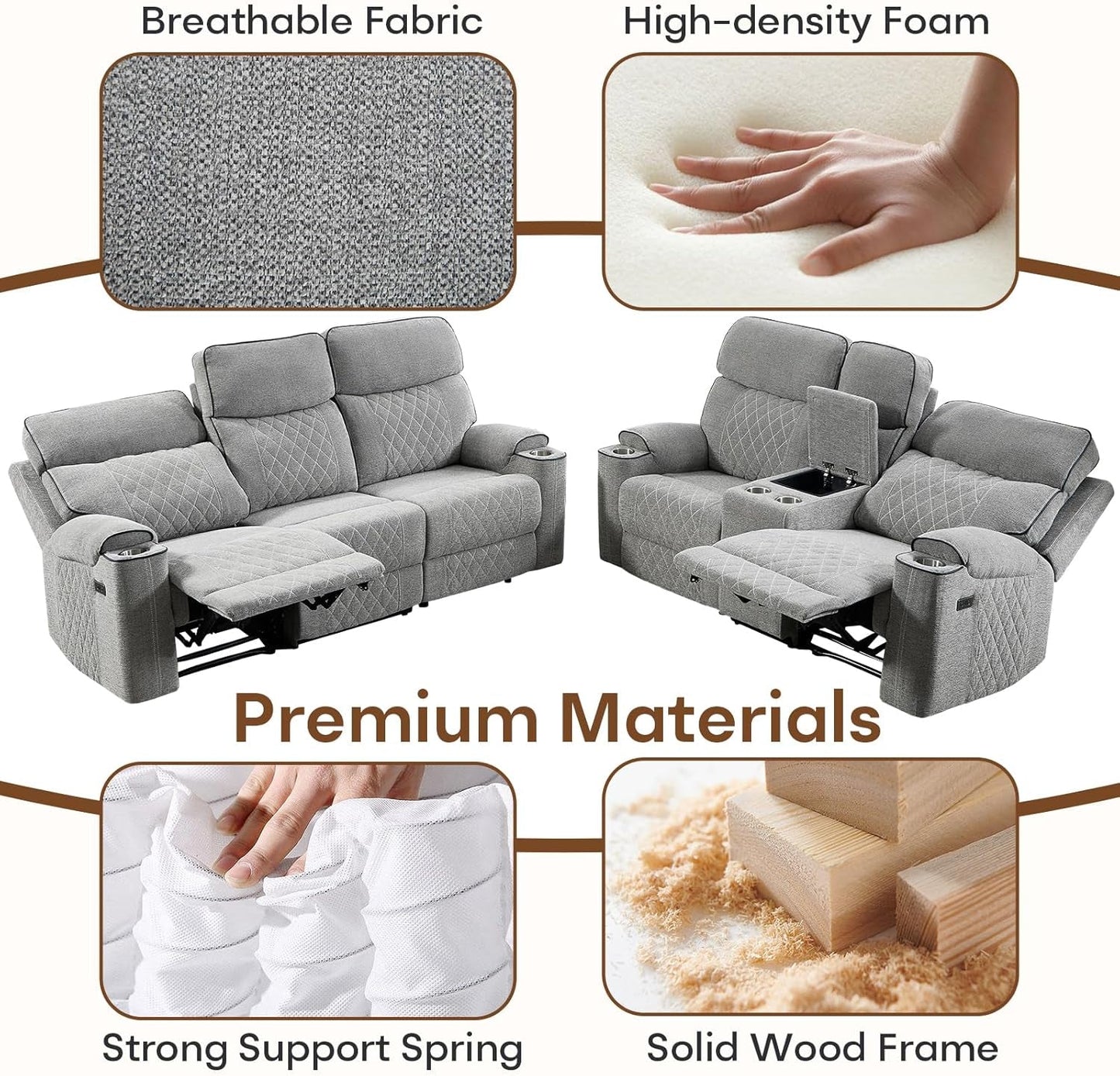 Electric Recliner Sofa USB Type C Ports Light Grey