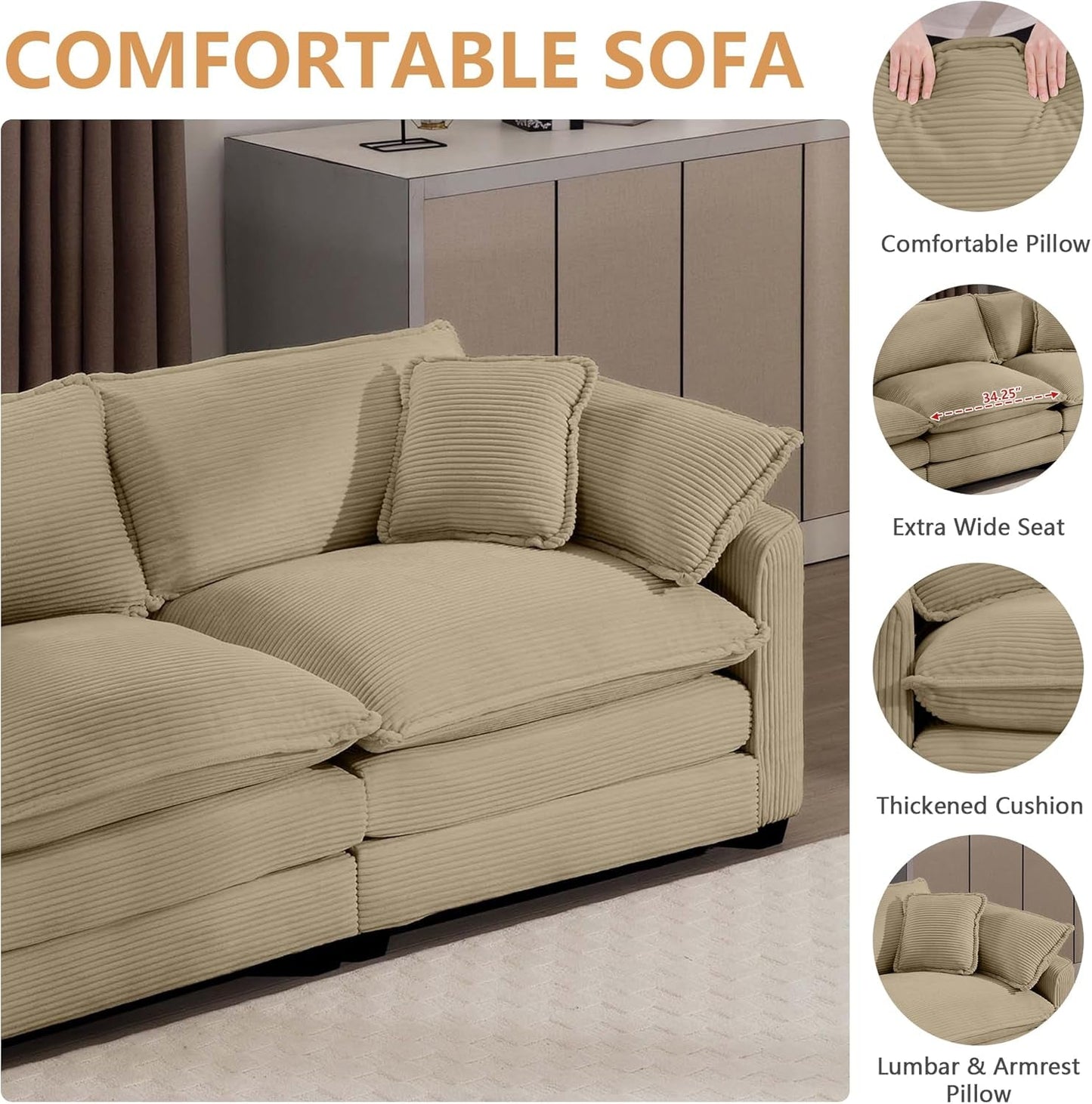 Oversized 2 Piece Sofa Set Camel 3 Seater And Loveseat