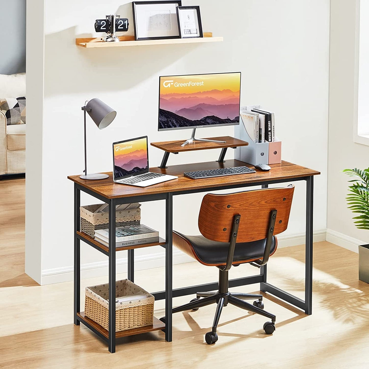Computer Desk With Built In Monitor Stand And Storage Shelves