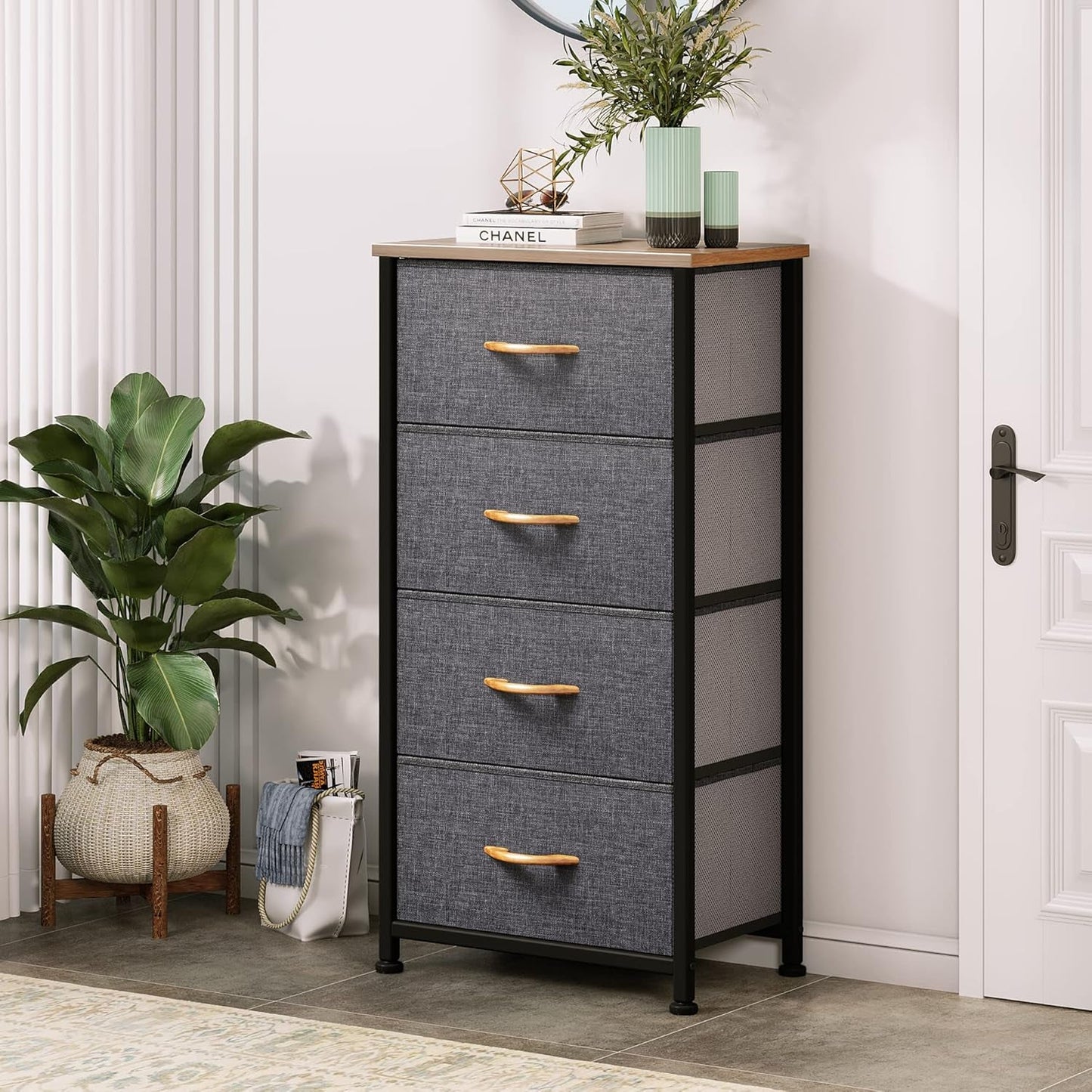 4 Drawer Dresser With Wooden Top And Fabric Storage
