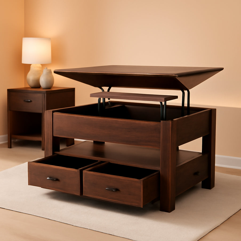 Espresso Lift Top Coffee Table With Drawers And Hidden Compartment