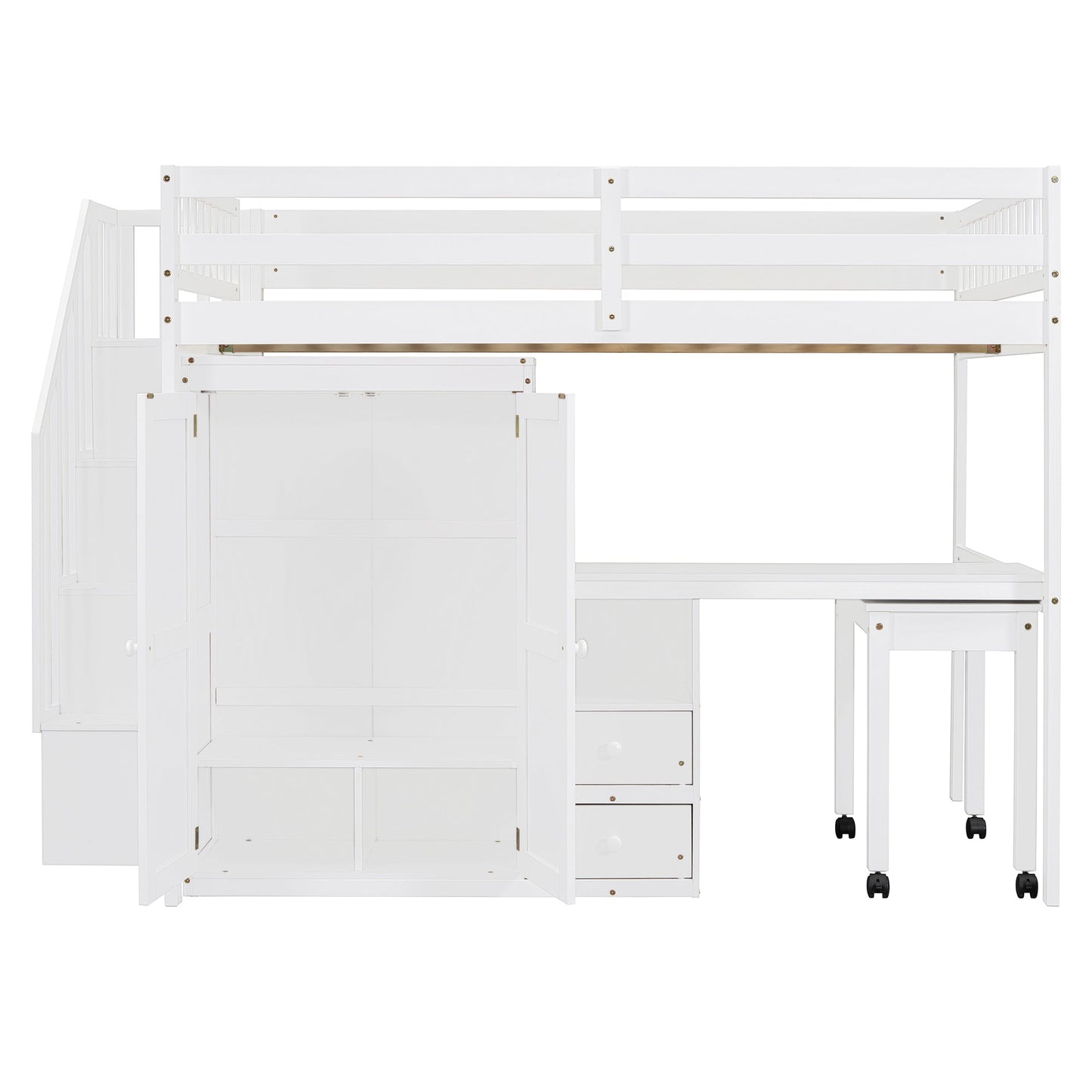 Full Size Loft Bed with Stairs, Bookshelf, Drawers, Desk & Wardrobe – Space-Saving Multifunctional Furniture for Kids & Teens-White