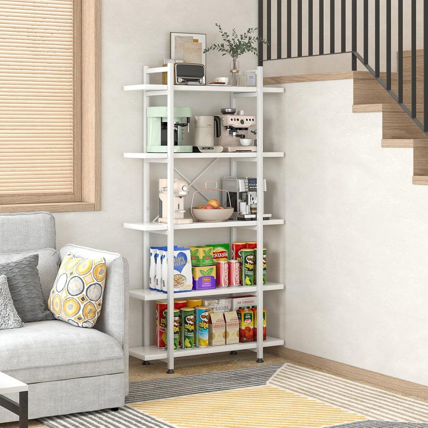 White 5 Tier Wooden Bookcase Tall Storage Organizer