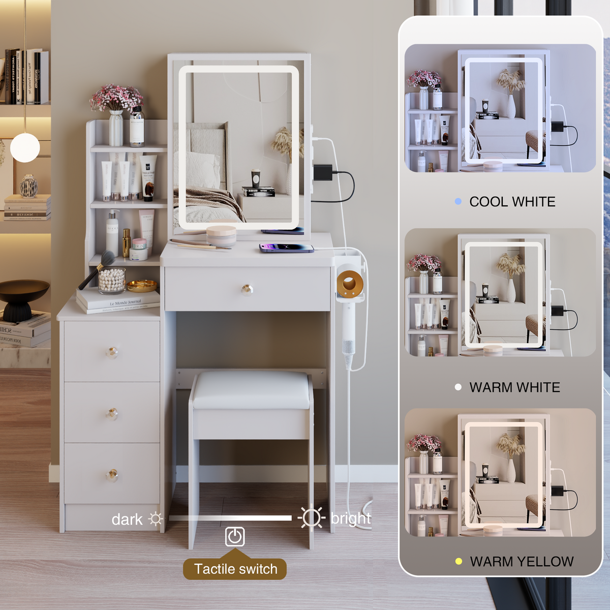 Small Size Left Bedside Cabinet Vanity Table + Cushioned Stool