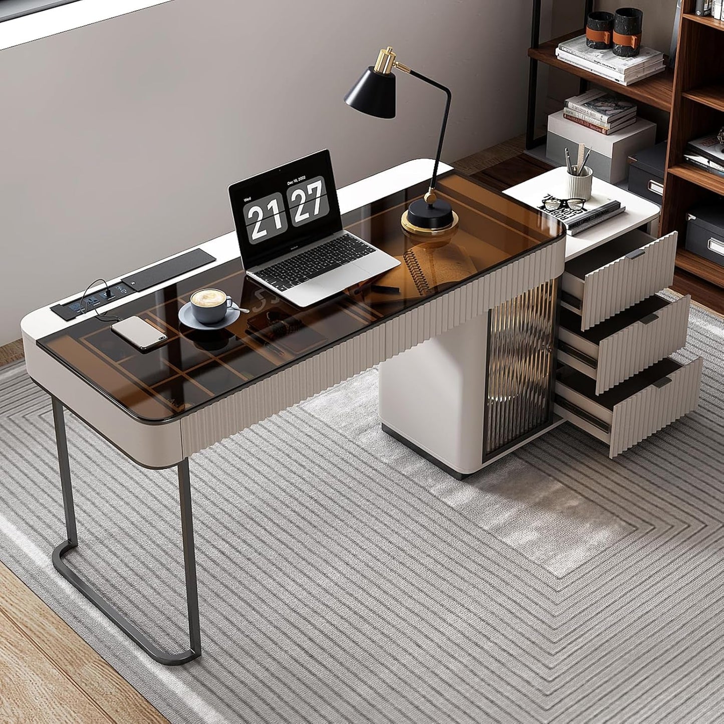 Ivory 50 Inch Office Computer Desk With Cabinet LED lights