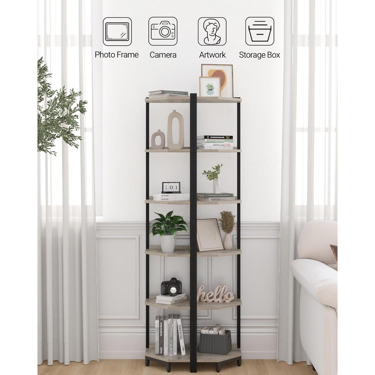 6-Tier Greige Corner Shelf Stand For Living Room And Office