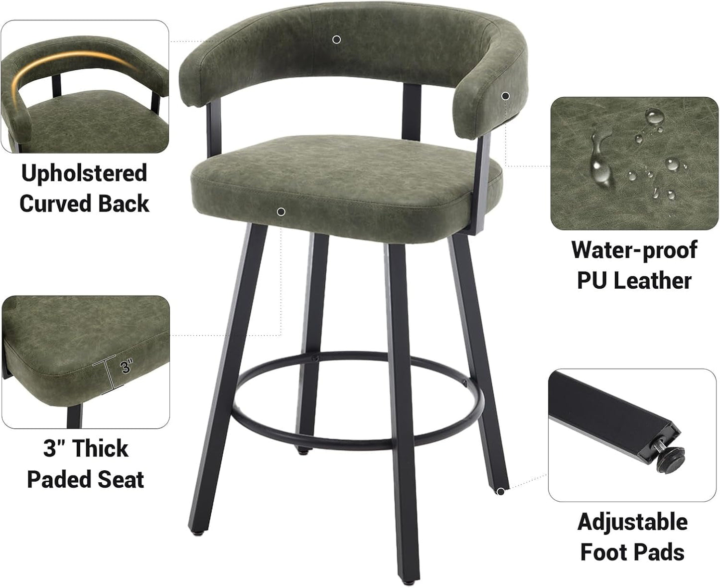Green Leather Counter Height Bar Stools Set Of 4 With Backs 25 Inch
